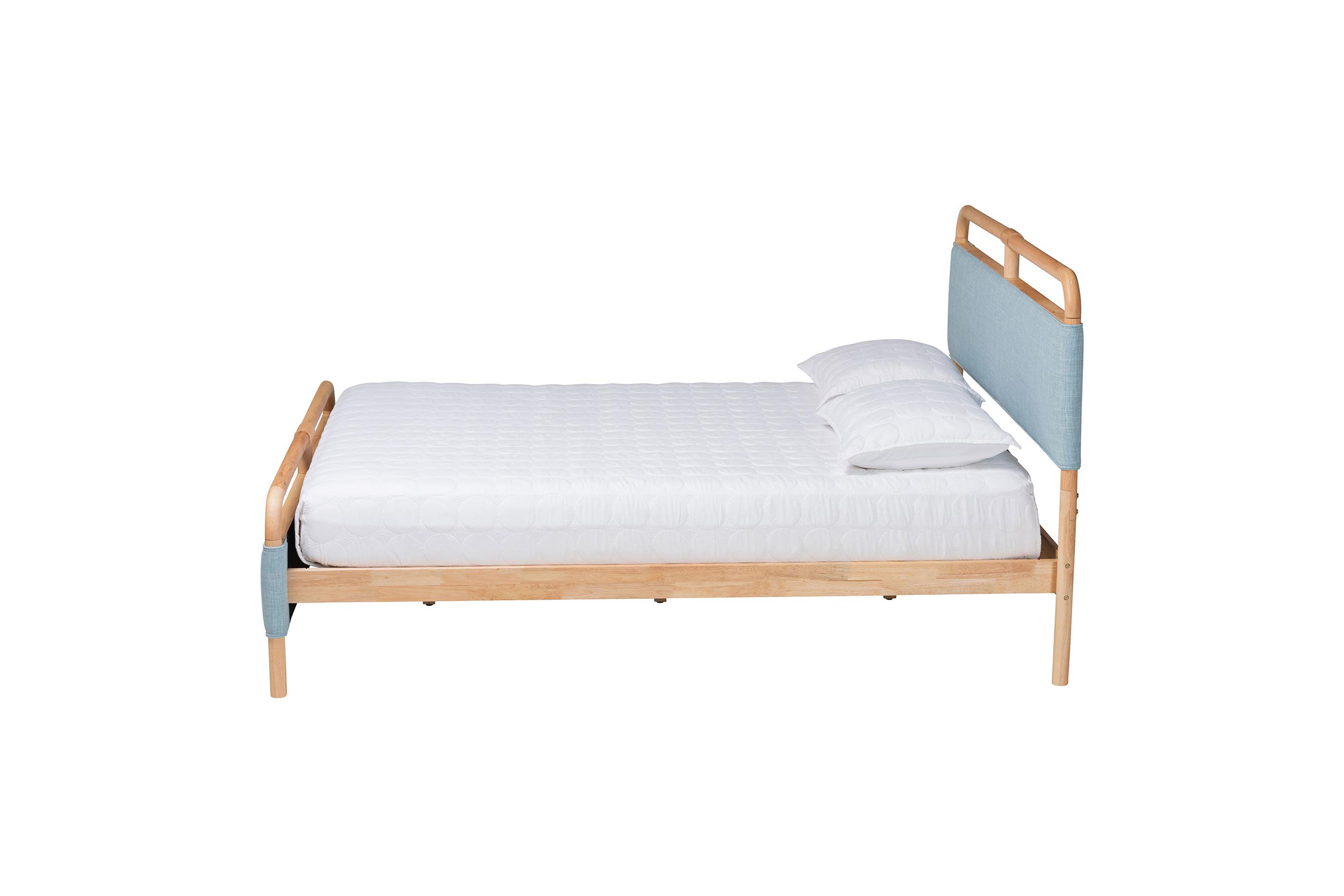 Mateo Modern and Contemporary Baby Blue Fabric and Natural Wood Queen Size Platform Bed