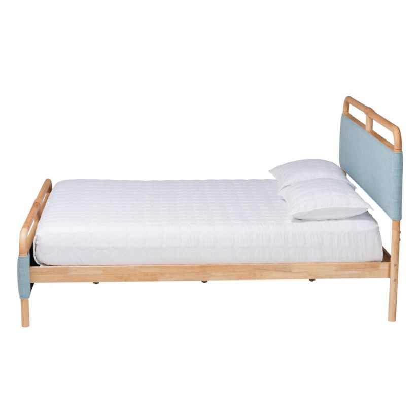 Mateo Modern and Contemporary Baby Blue Fabric and Natural Wood Queen Size Platform Bed