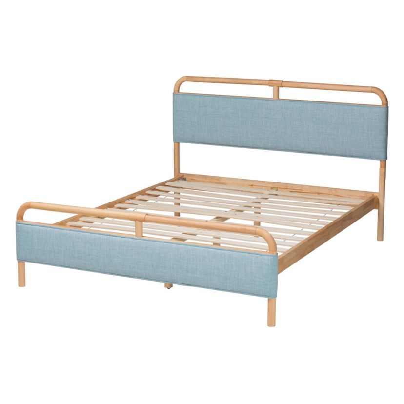 Mateo Modern and Contemporary Baby Blue Fabric and Natural Wood Queen Size Platform Bed