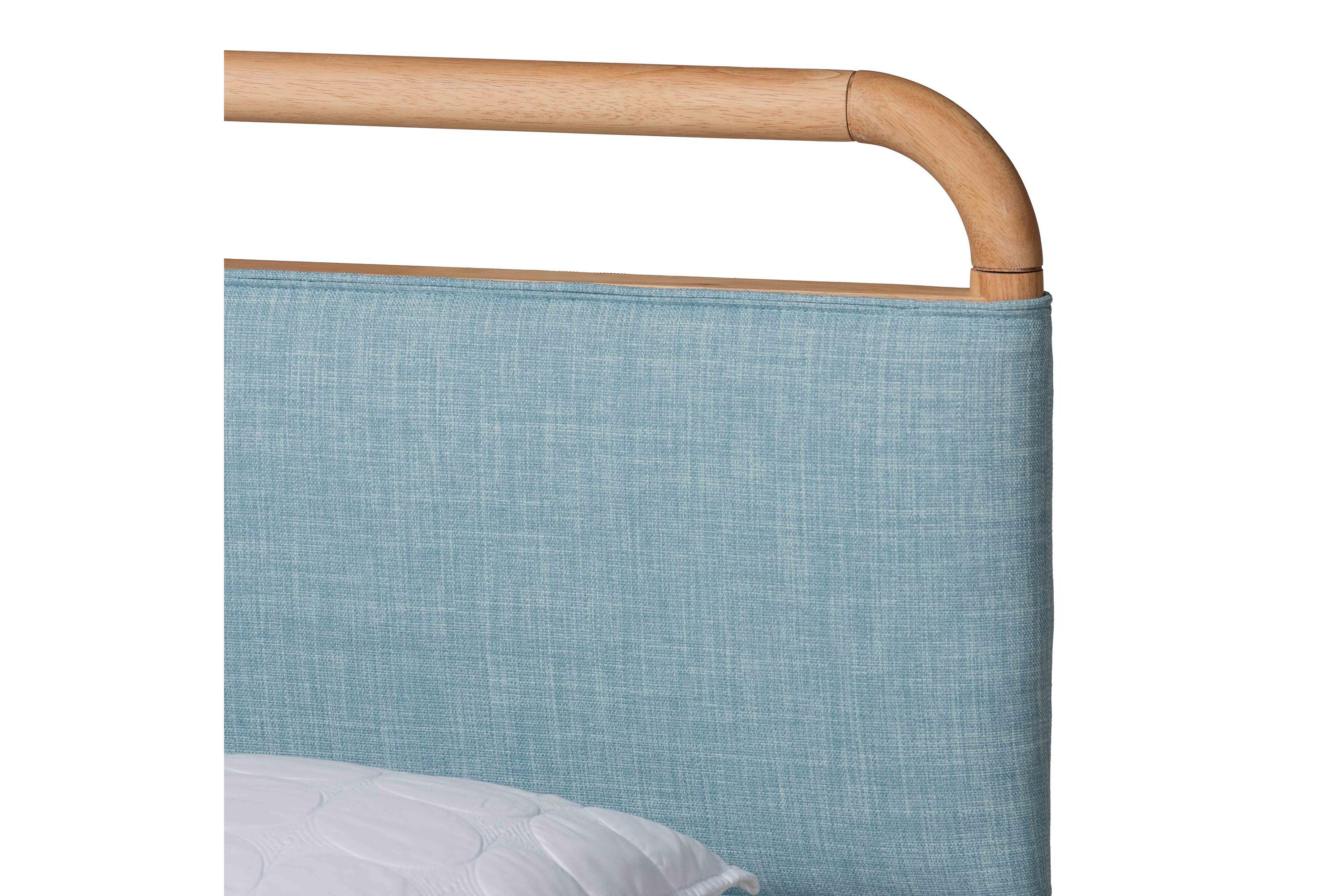 Mateo Modern and Contemporary Baby Blue Fabric and Natural Wood Queen Size Platform Bed