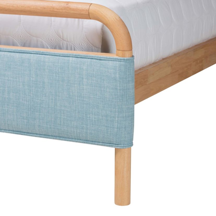 Mateo Modern and Contemporary Baby Blue Fabric and Natural Wood Queen Size Platform Bed