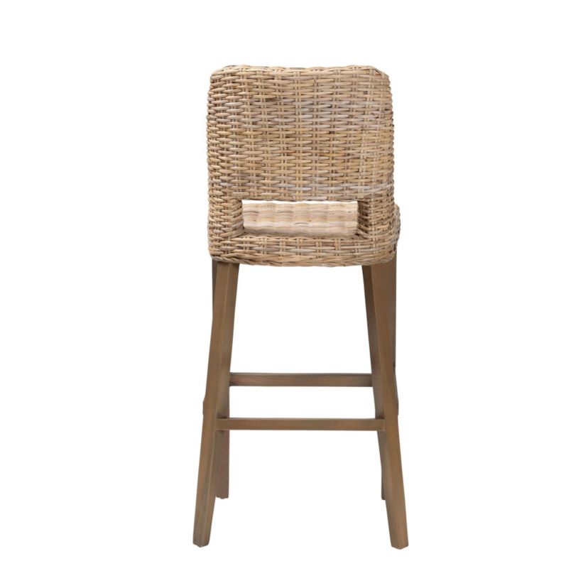 Magy Modern Bohemian Grey Kubu Rattan and Mahogany Wood Bar Stool
