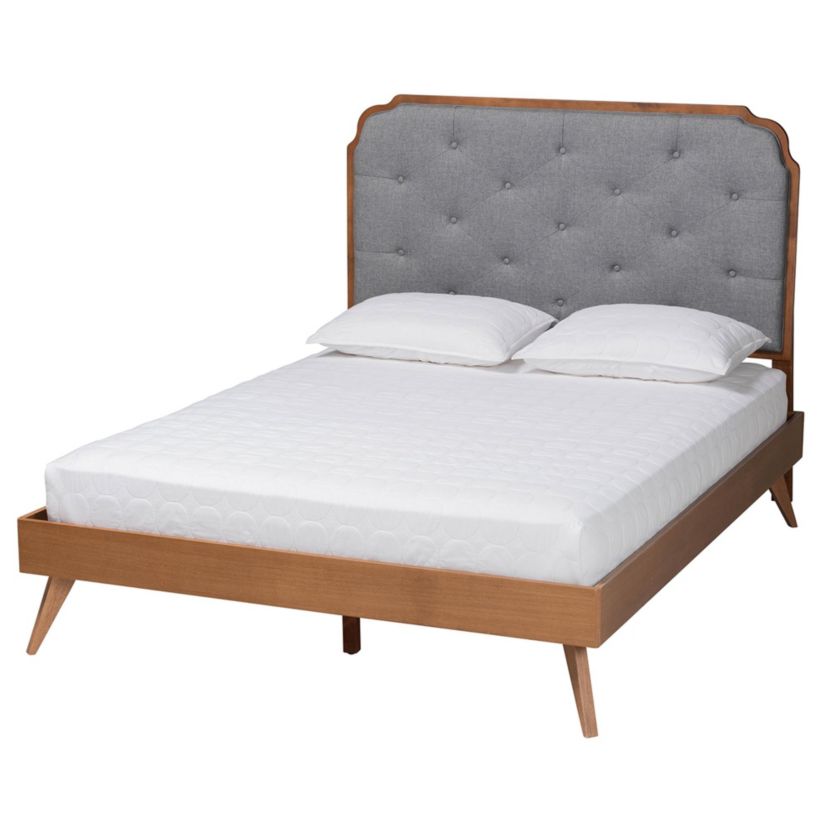 Lorana Mid-Century Modern Grey Fabric and Walnut Brown Wood King Size Platform Bed