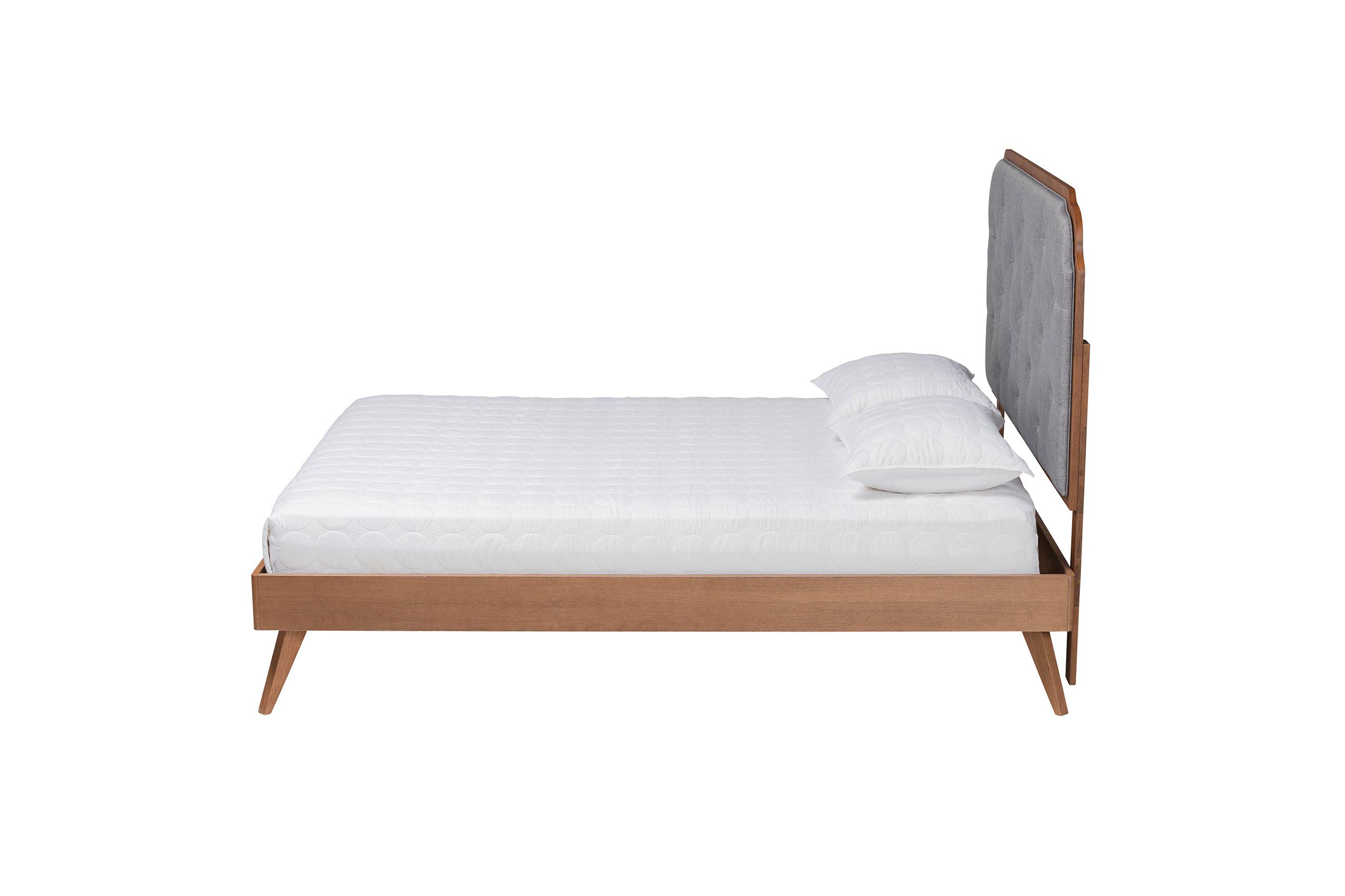 Lorana Mid-Century Modern Grey Fabric and Walnut Brown Wood King Size Platform Bed