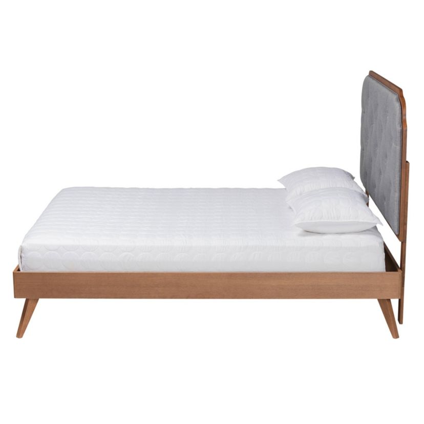 Lorana Mid-Century Modern Grey Fabric and Walnut Brown Wood King Size Platform Bed