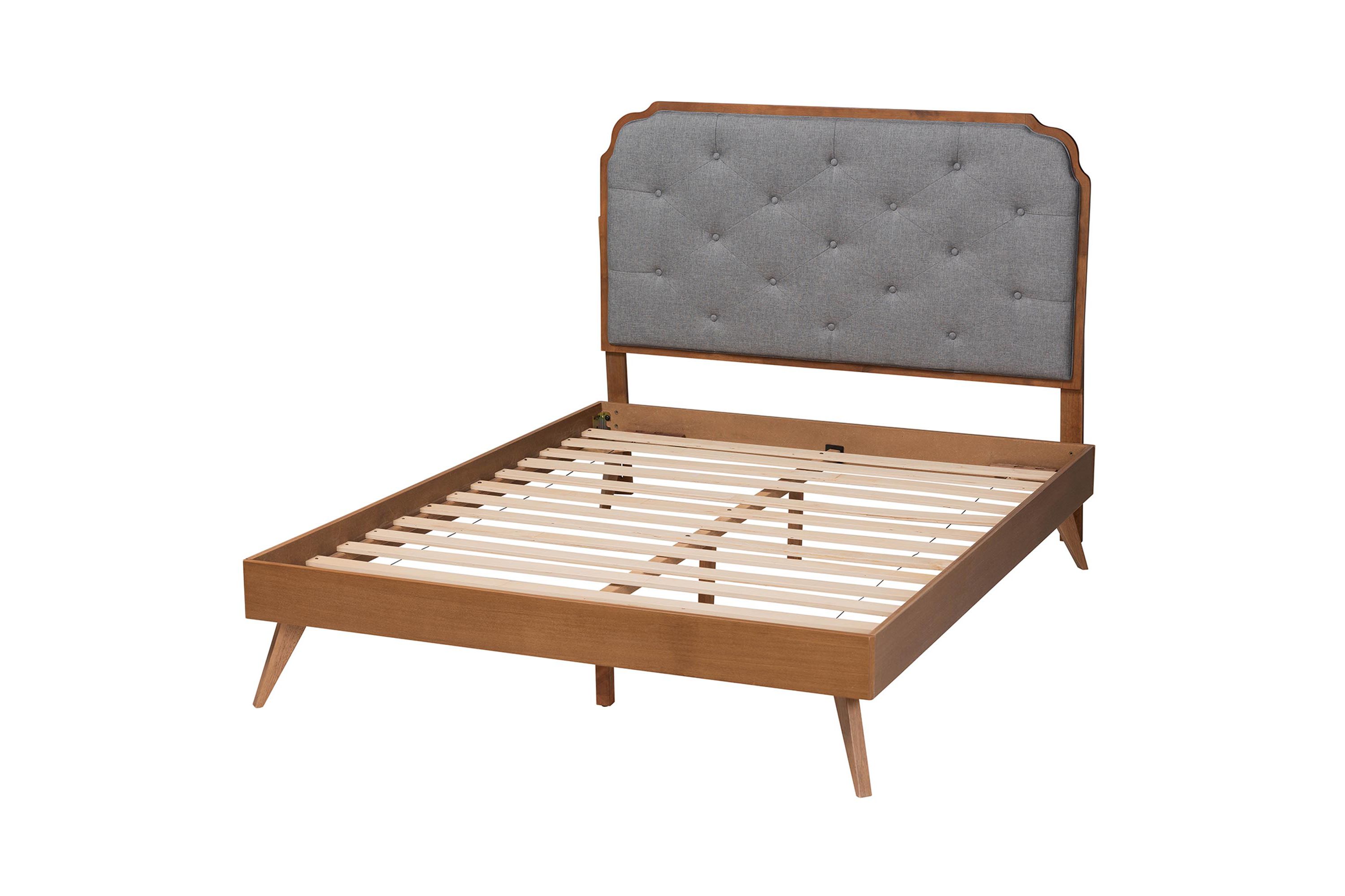 Lorana Mid-Century Modern Grey Fabric and Walnut Brown Wood King Size Platform Bed
