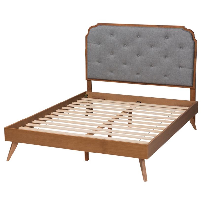 Lorana Mid-Century Modern Grey Fabric and Walnut Brown Wood King Size Platform Bed