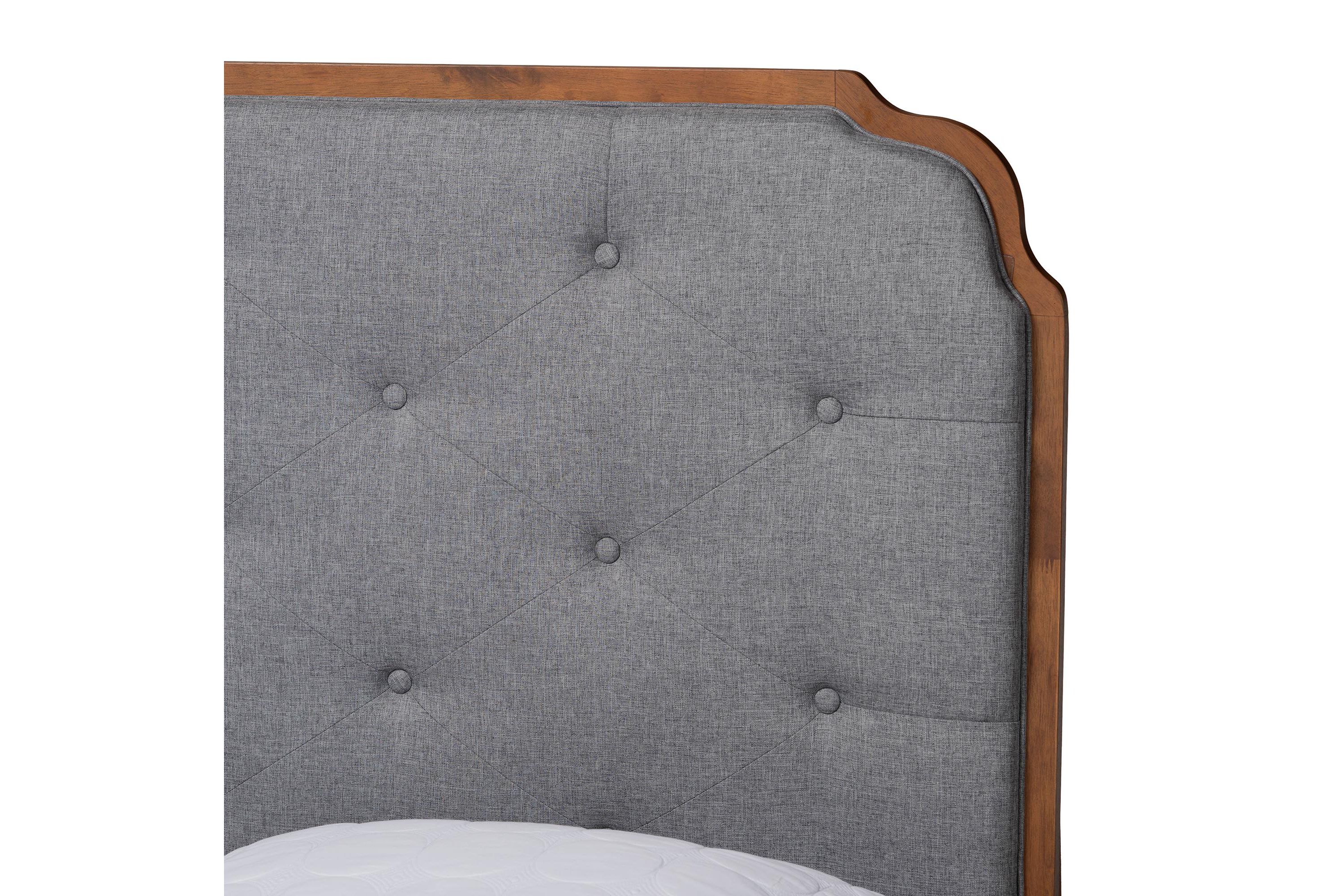 Lorana Mid-Century Modern Grey Fabric and Walnut Brown Wood King Size Platform Bed