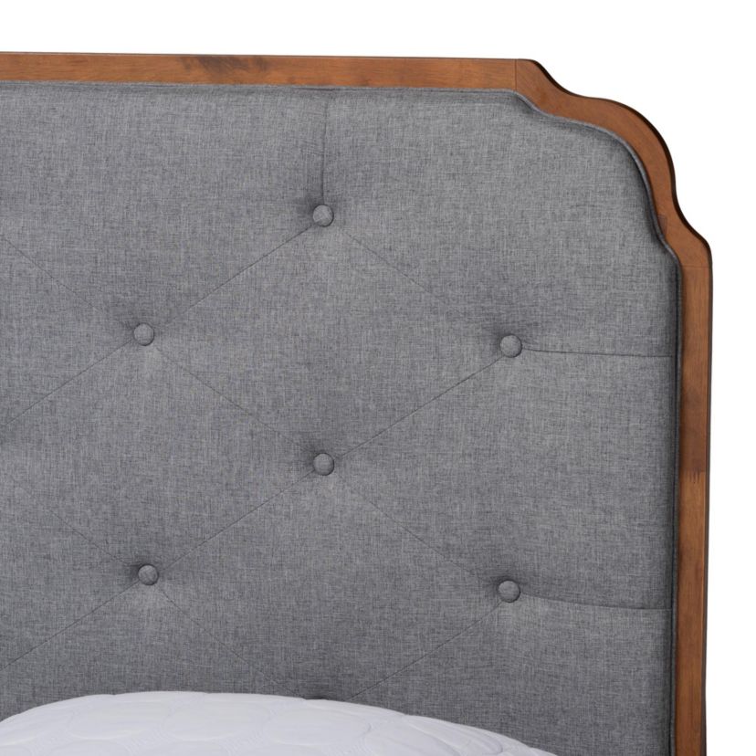 Lorana Mid-Century Modern Grey Fabric and Walnut Brown Wood King Size Platform Bed