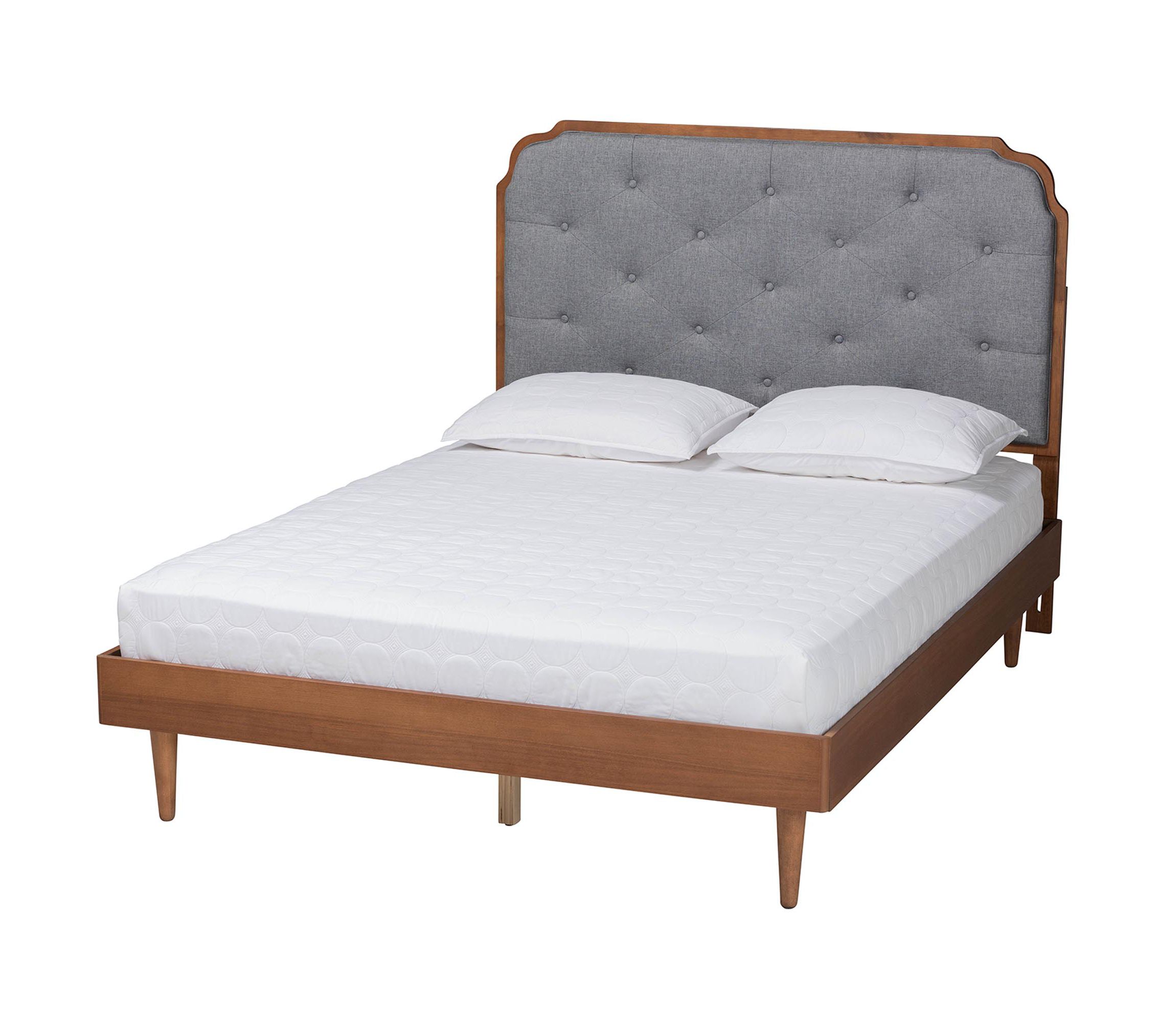 Garron Mid-Century Modern Grey Fabric and Walnut Brown Wood King Size Platform Bed