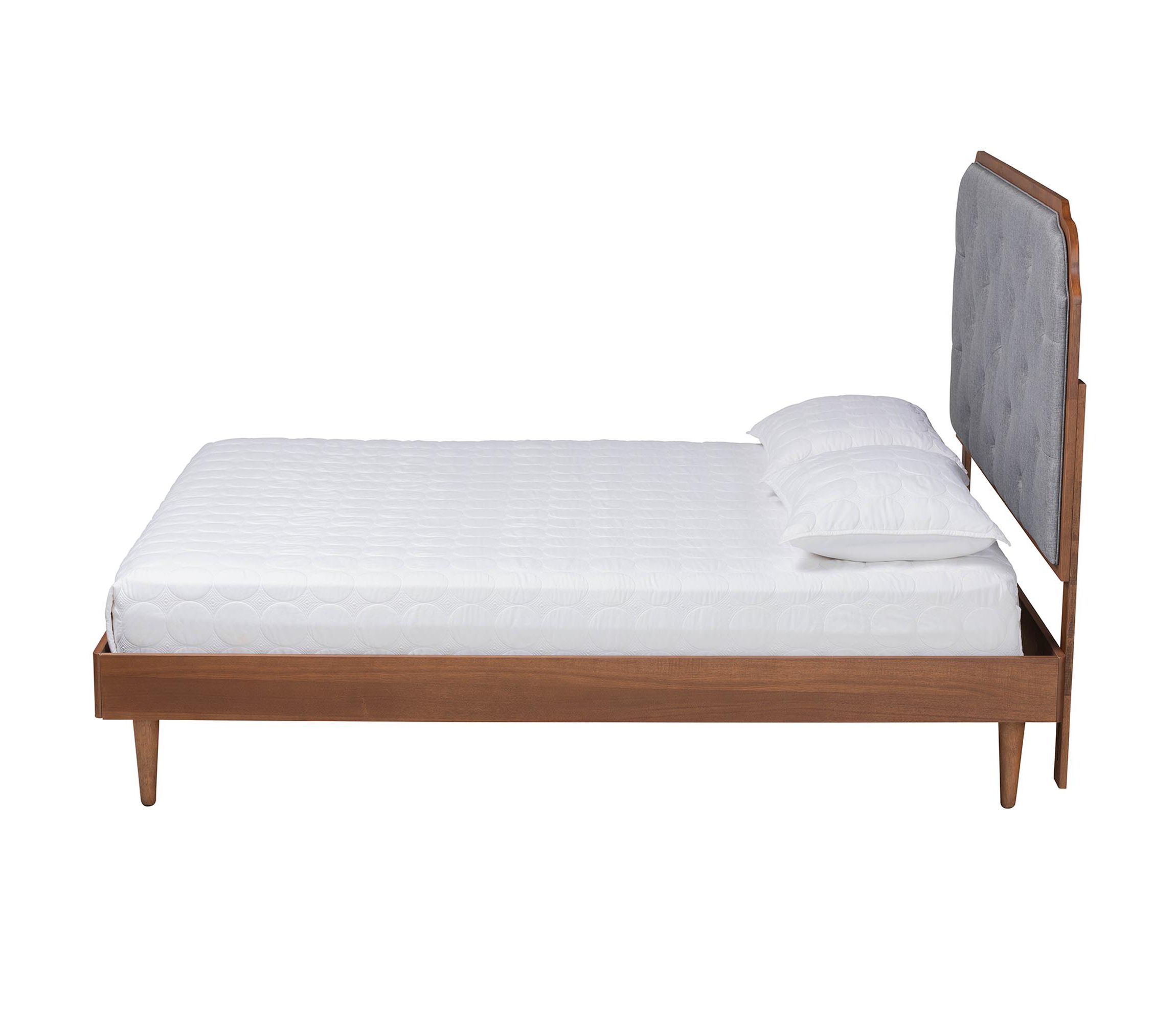 Garron Mid-Century Modern Grey Fabric and Walnut Brown Wood King Size Platform Bed