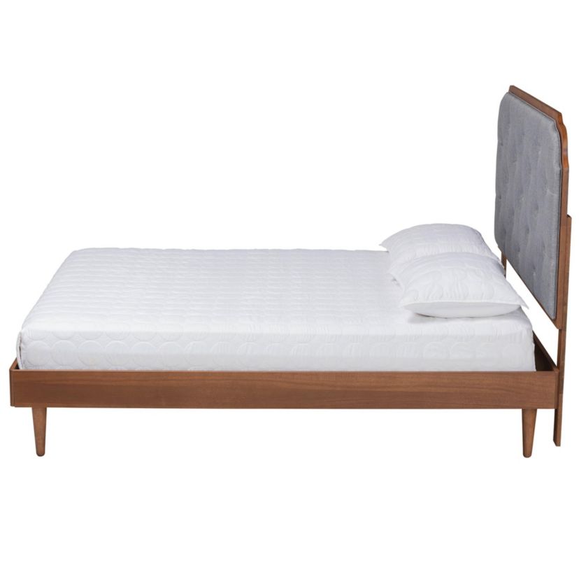 Garron Mid-Century Modern Grey Fabric and Walnut Brown Wood King Size Platform Bed