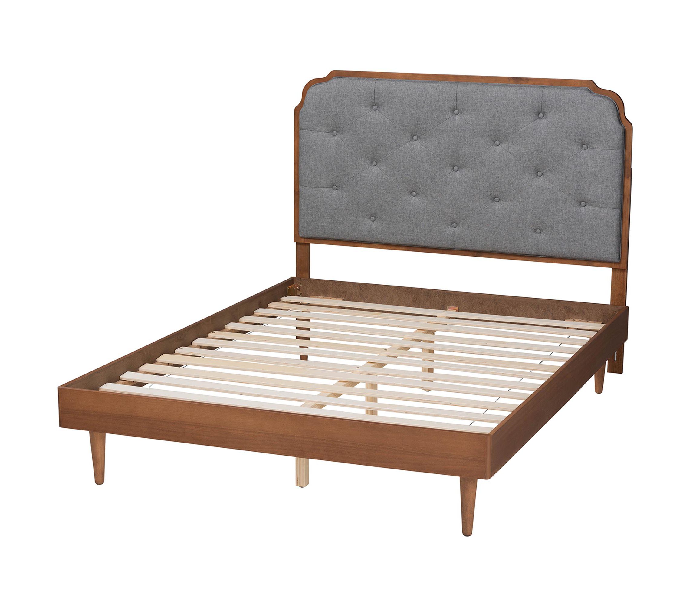 Garron Mid-Century Modern Grey Fabric and Walnut Brown Wood King Size Platform Bed