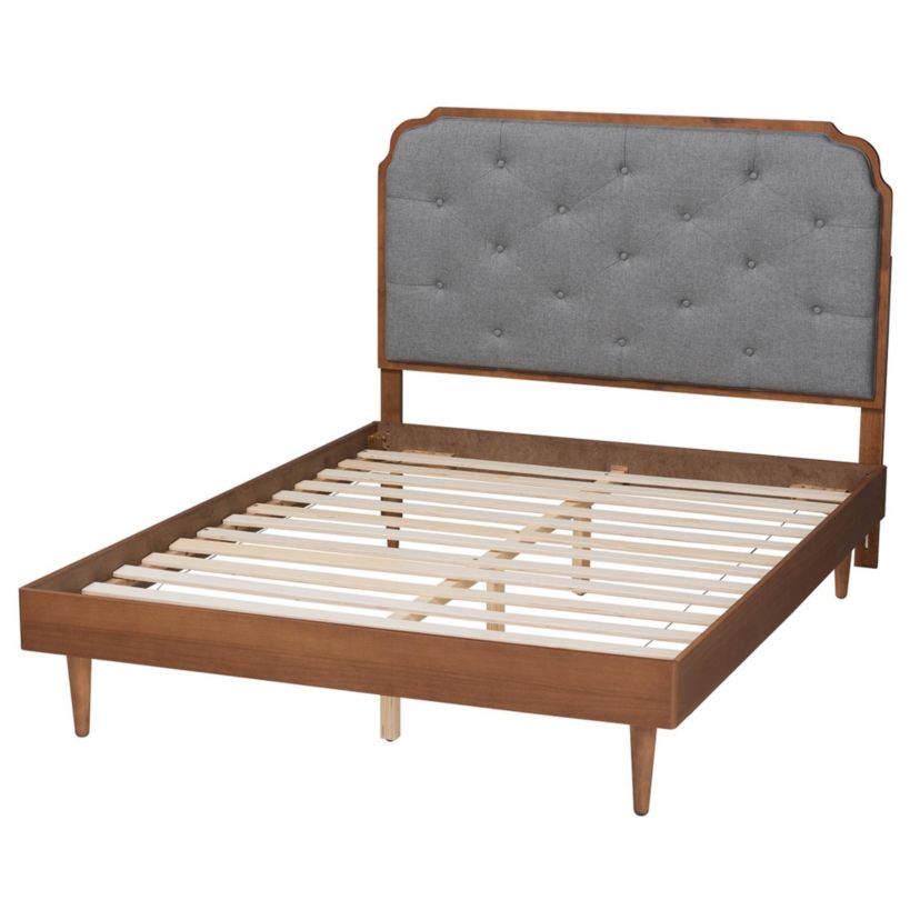 Garron Mid-Century Modern Grey Fabric and Walnut Brown Wood King Size Platform Bed
