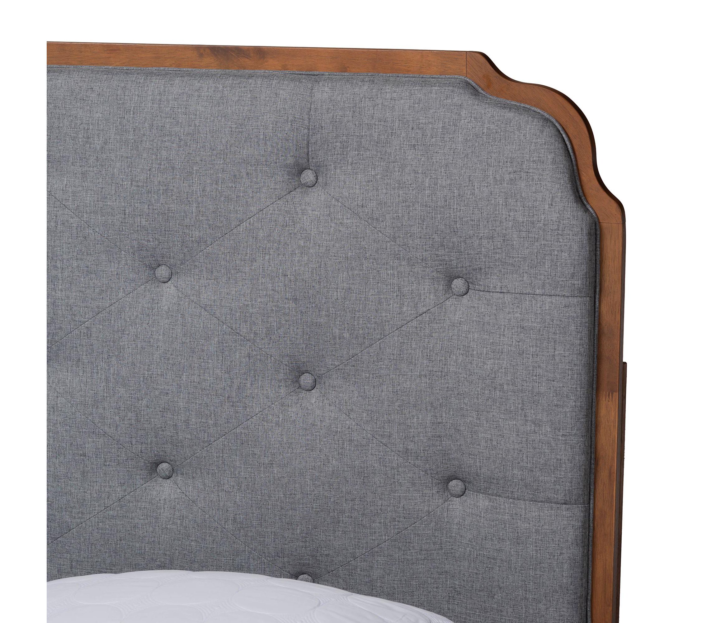 Garron Mid-Century Modern Grey Fabric and Walnut Brown Wood King Size Platform Bed