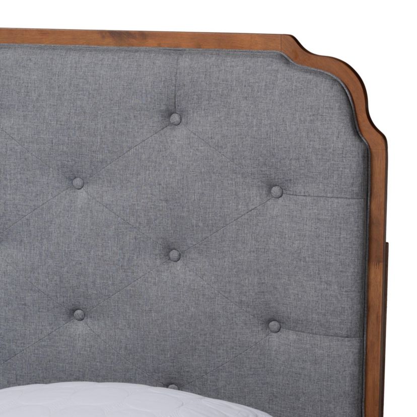 Garron Mid-Century Modern Grey Fabric and Walnut Brown Wood King Size Platform Bed
