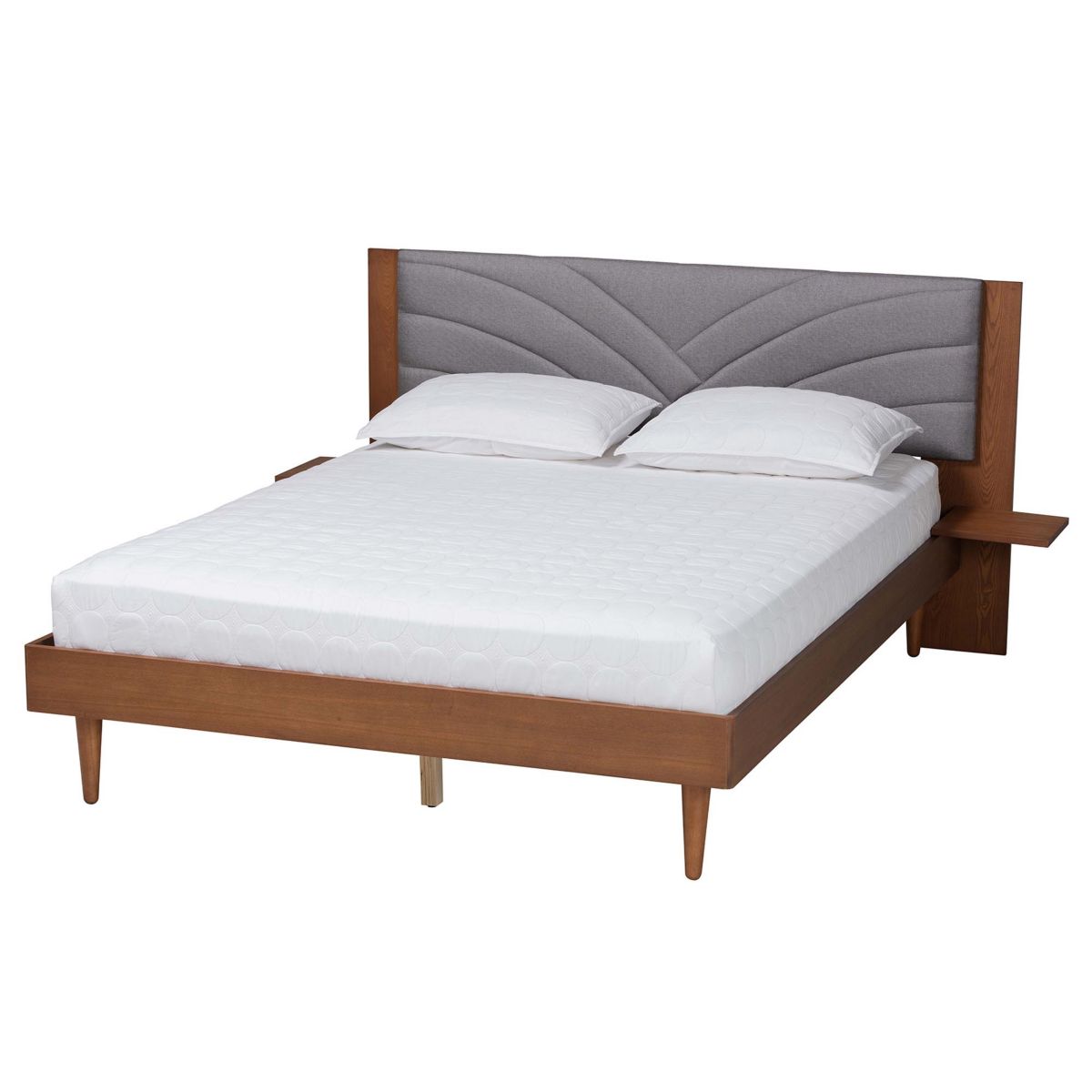 Hemera Mid-Century Modern Grey Fabric and Walnut Brown Wood King Size Platform Bed With Floating Side Table