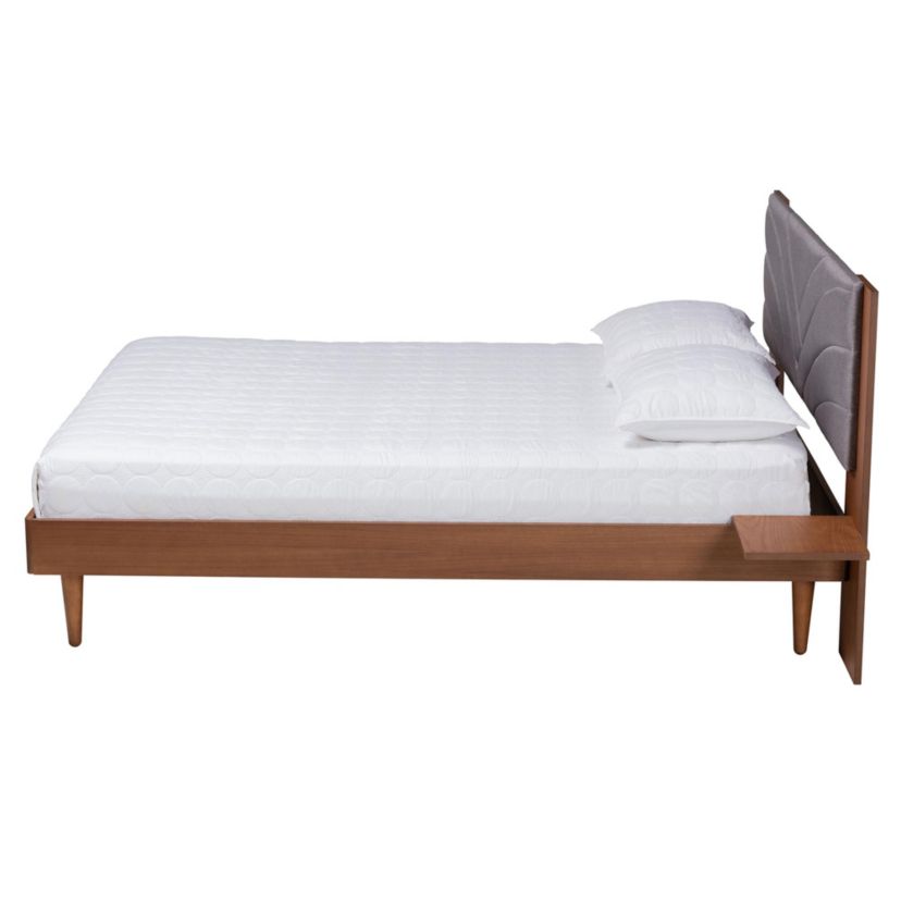 Hemera Mid-Century Modern Grey Fabric and Walnut Brown Wood King Size Platform Bed With Floating Side Table