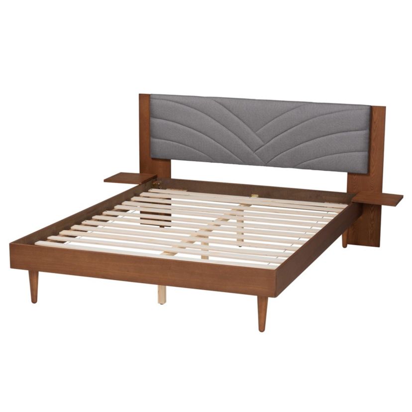 Hemera Mid-Century Modern Grey Fabric and Walnut Brown Wood King Size Platform Bed With Floating Side Table