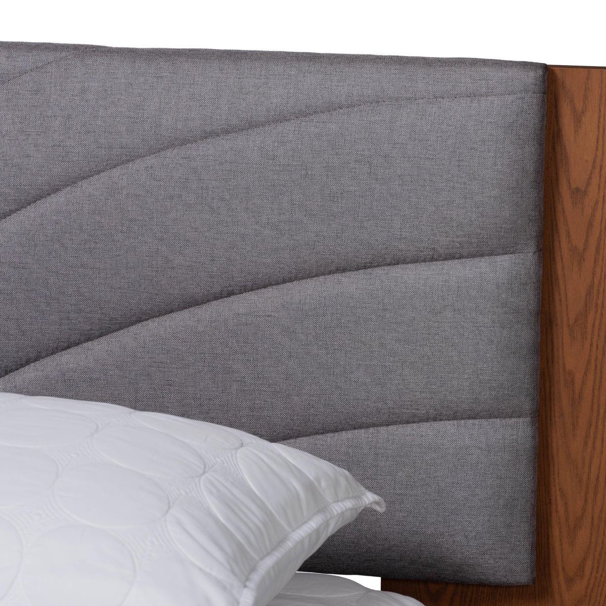 Hemera Mid-Century Modern Grey Fabric and Walnut Brown Wood King Size Platform Bed With Floating Side Table