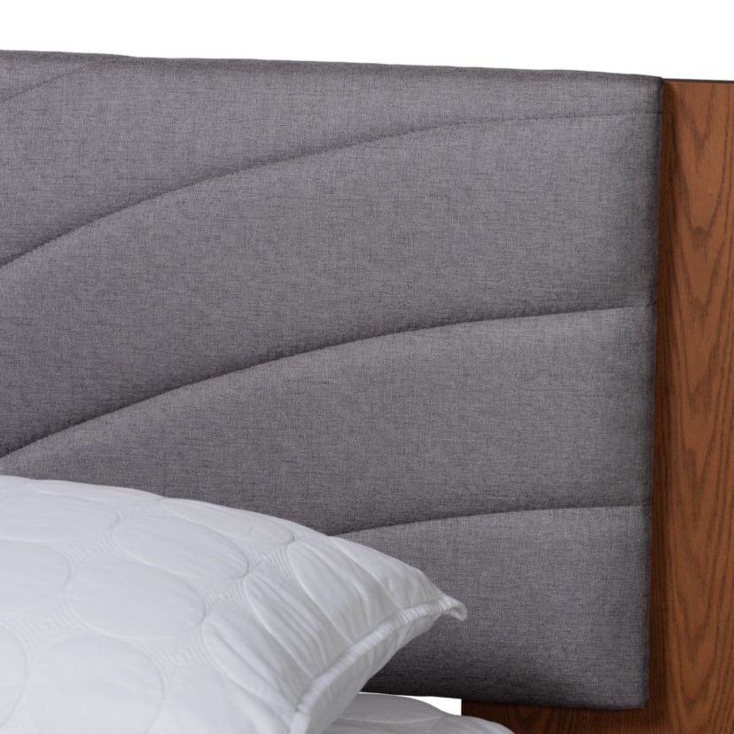 Hemera Mid-Century Modern Grey Fabric and Walnut Brown Wood King Size Platform Bed With Floating Side Table