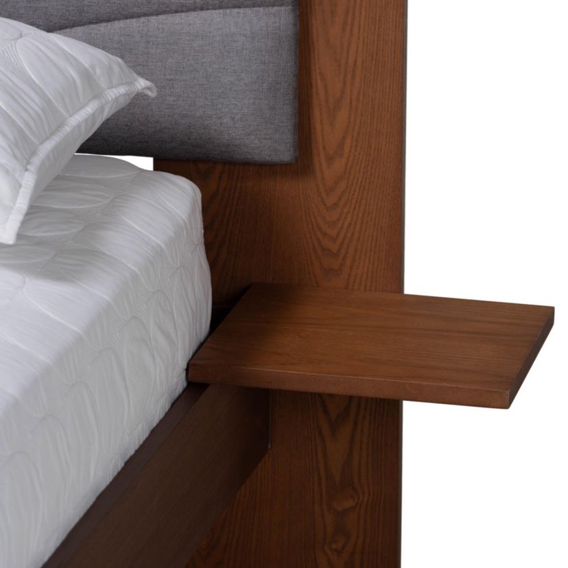 Hemera Mid-Century Modern Grey Fabric and Walnut Brown Wood King Size Platform Bed With Floating Side Table