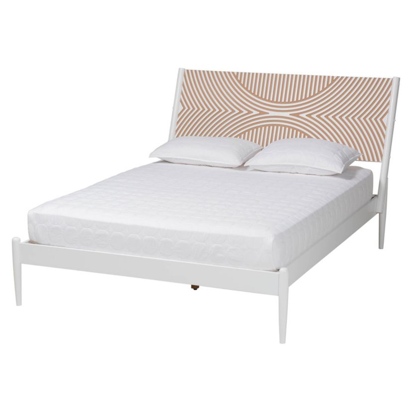 Louetta Coastal White King Size Platform Bed with Carved Contrasting Headboard