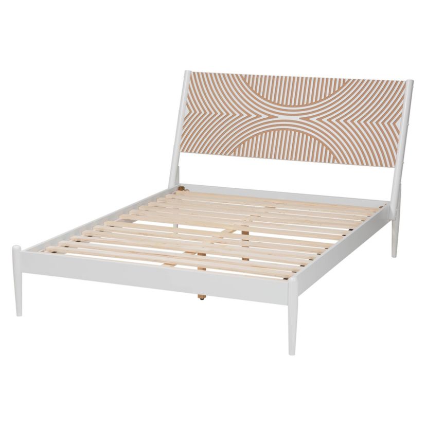 Louetta Coastal White King Size Platform Bed with Carved Contrasting Headboard