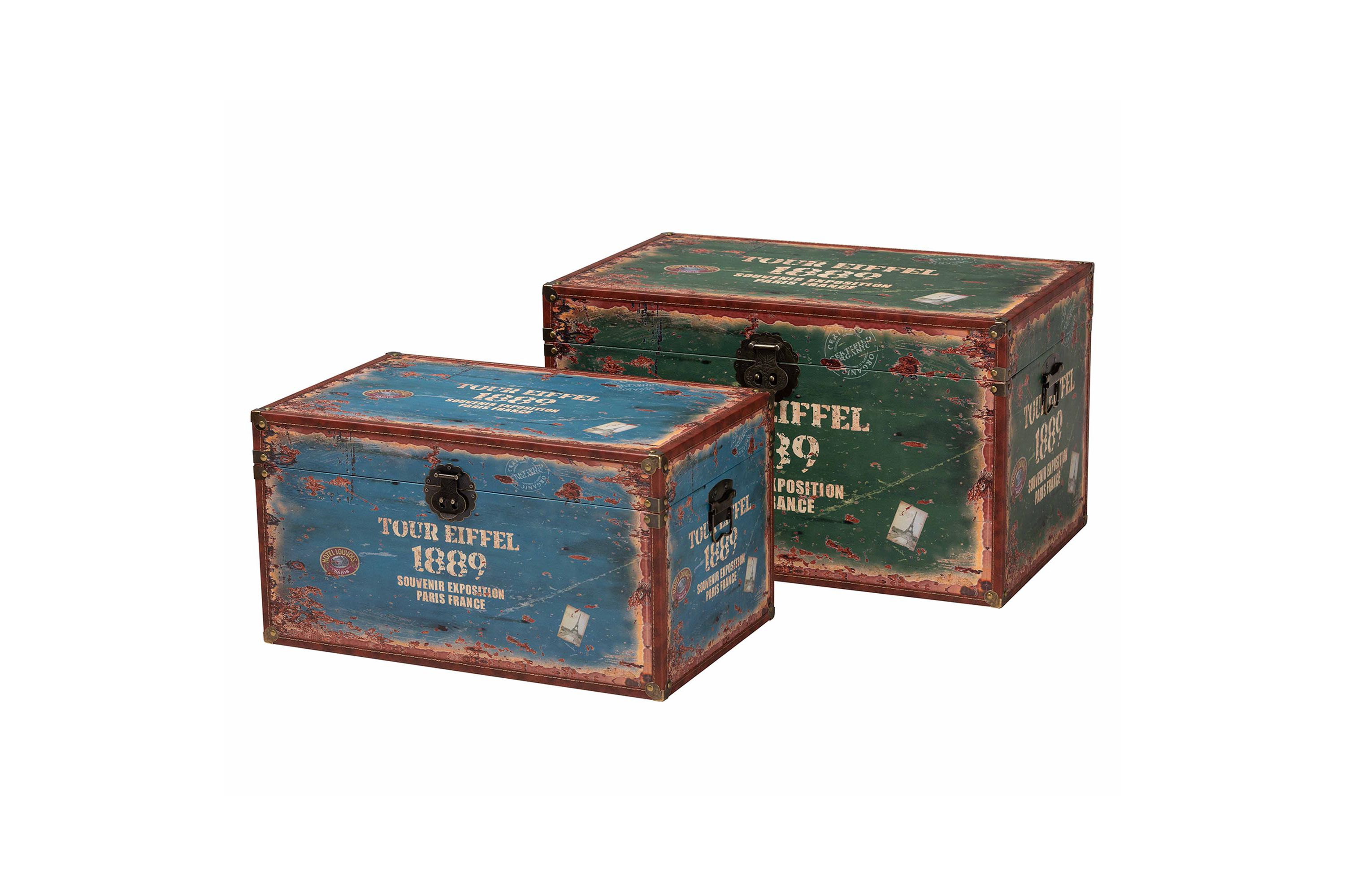 Sabeen Vintage Parisian Faux Leather and Wood 2-Piece Storage Trunk Set