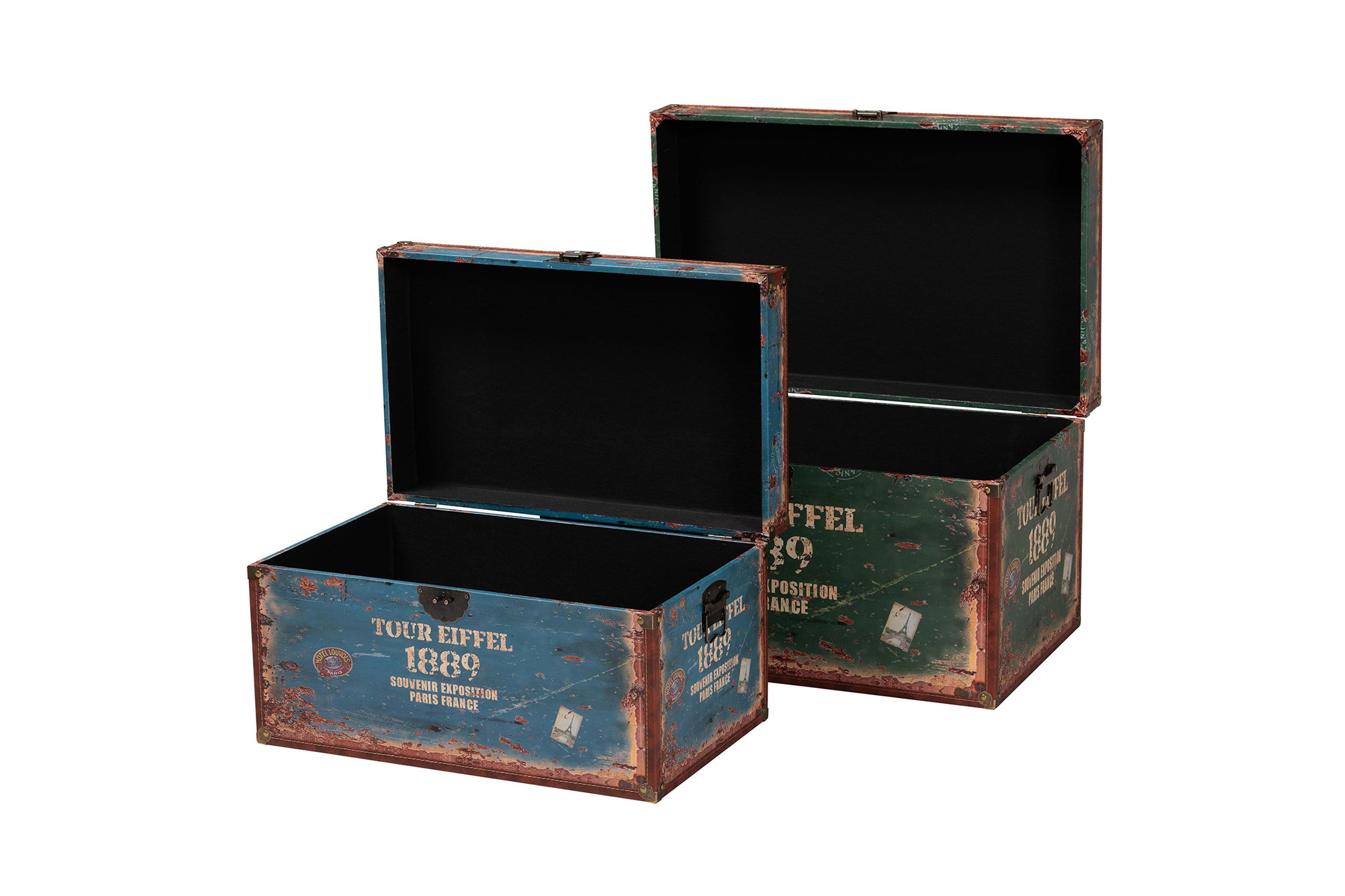 Sabeen Vintage Parisian Faux Leather and Wood 2-Piece Storage Trunk Set
