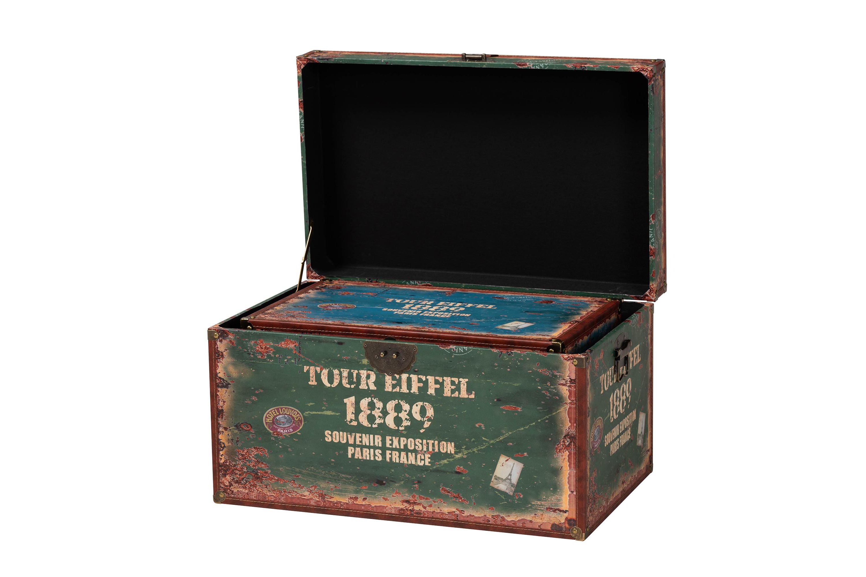 Sabeen Vintage Parisian Faux Leather and Wood 2-Piece Storage Trunk Set