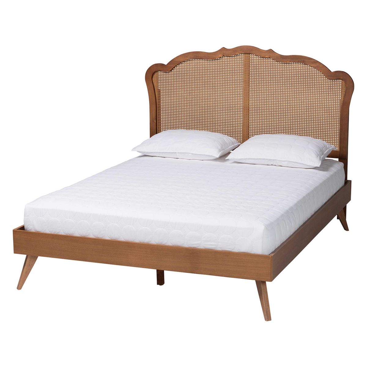 Aithan Mid-Century Walnut Brown Wood and Rattan Queen Size Platform Bed