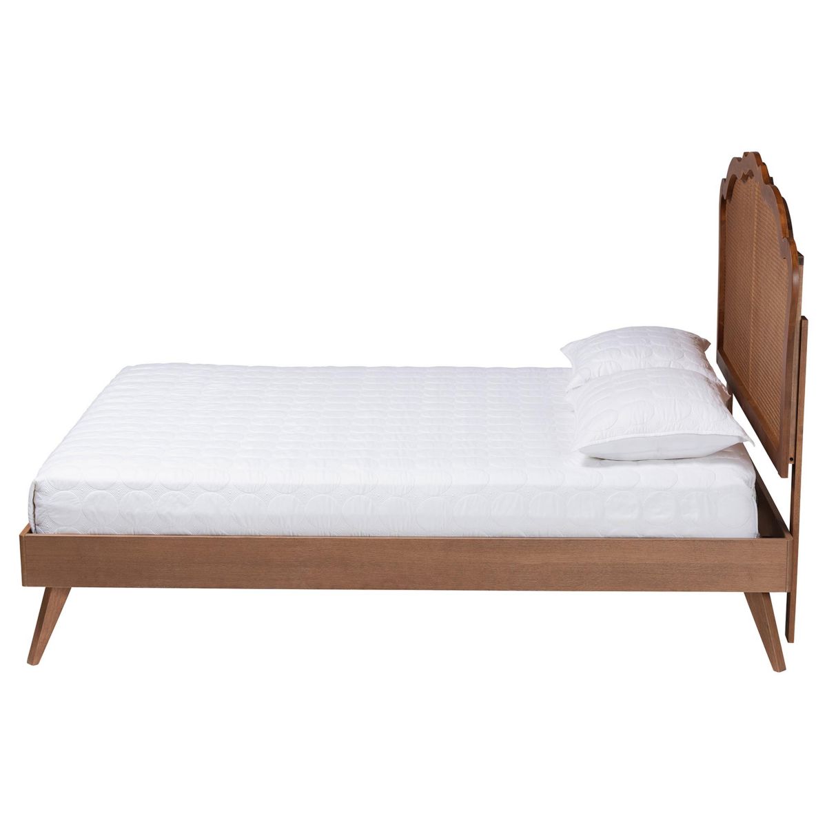 Aithan Mid-Century Walnut Brown Wood and Rattan Queen Size Platform Bed