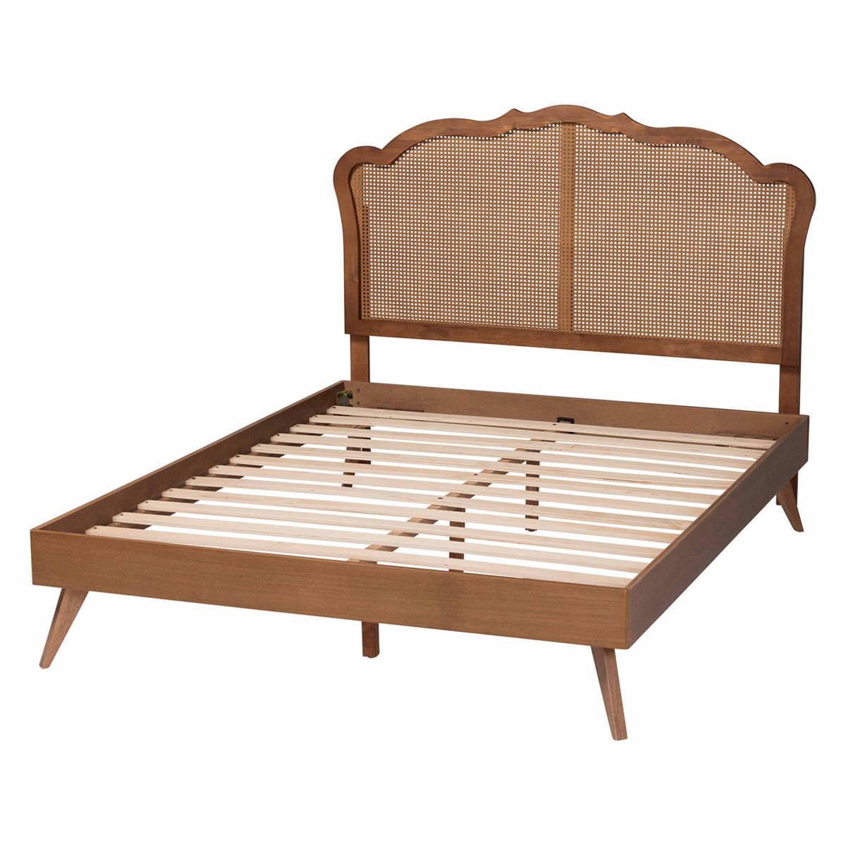 Aithan Mid-Century Walnut Brown Wood and Rattan Queen Size Platform Bed