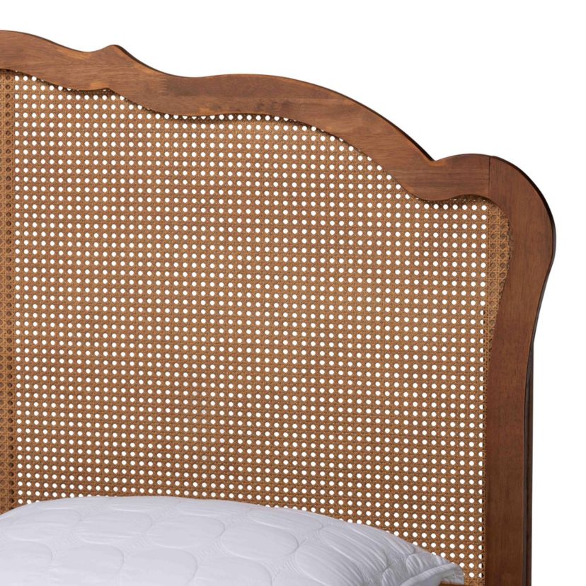 Aithan Mid-Century Walnut Brown Wood and Rattan Queen Size Platform Bed