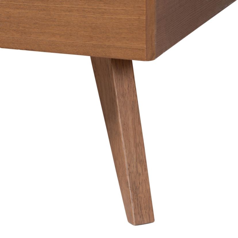 Aithan Mid-Century Walnut Brown Wood and Rattan Queen Size Platform Bed