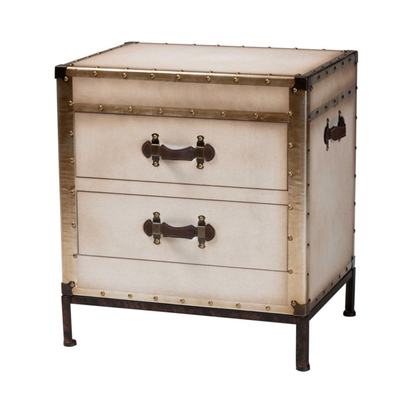Laura Vintage White Canvas 2-Drawer End Table Trunk
