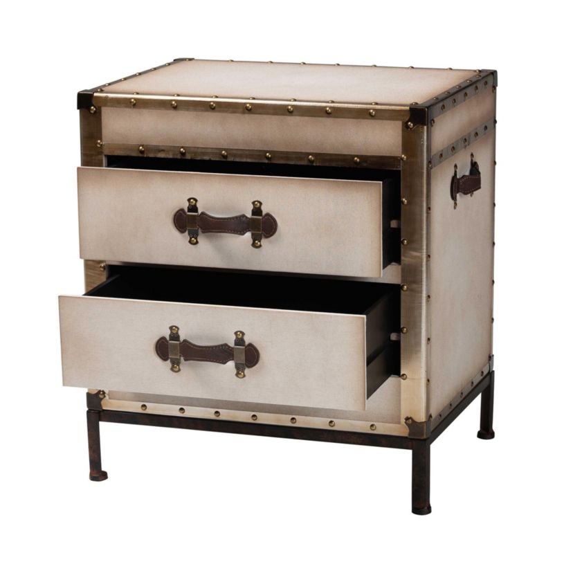 Laura Vintage White Canvas 2-Drawer End Table Trunk