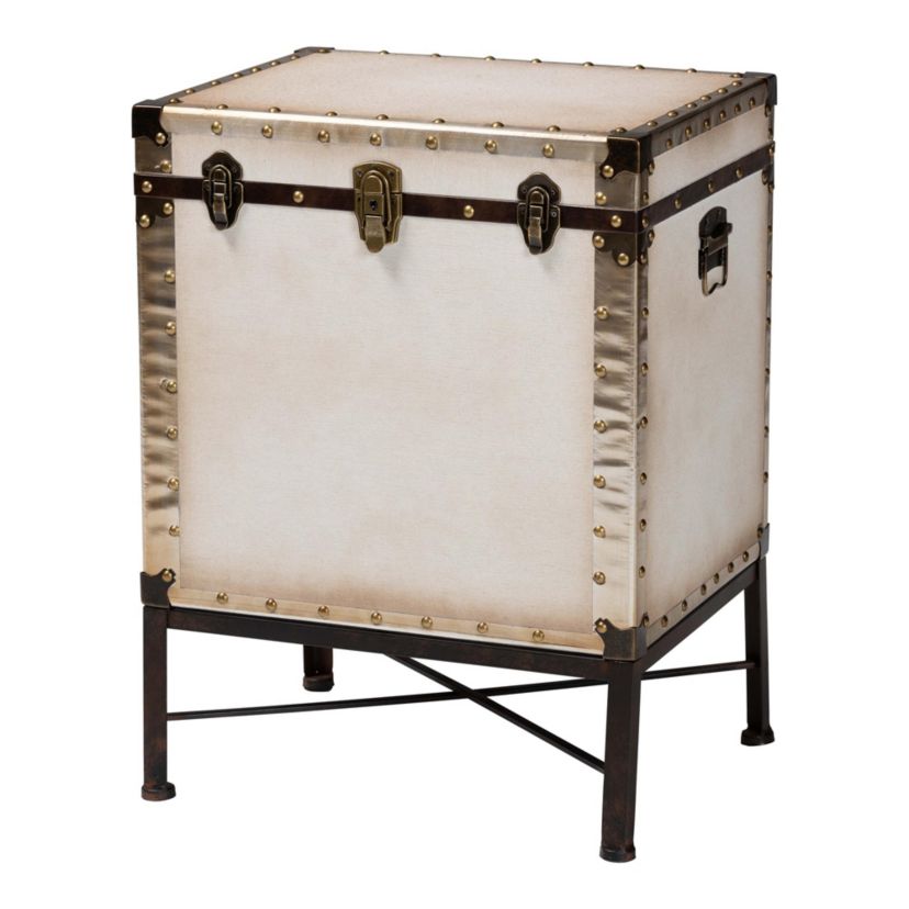 Laura Vintage White Canvas Lift-Top Trunk End Table