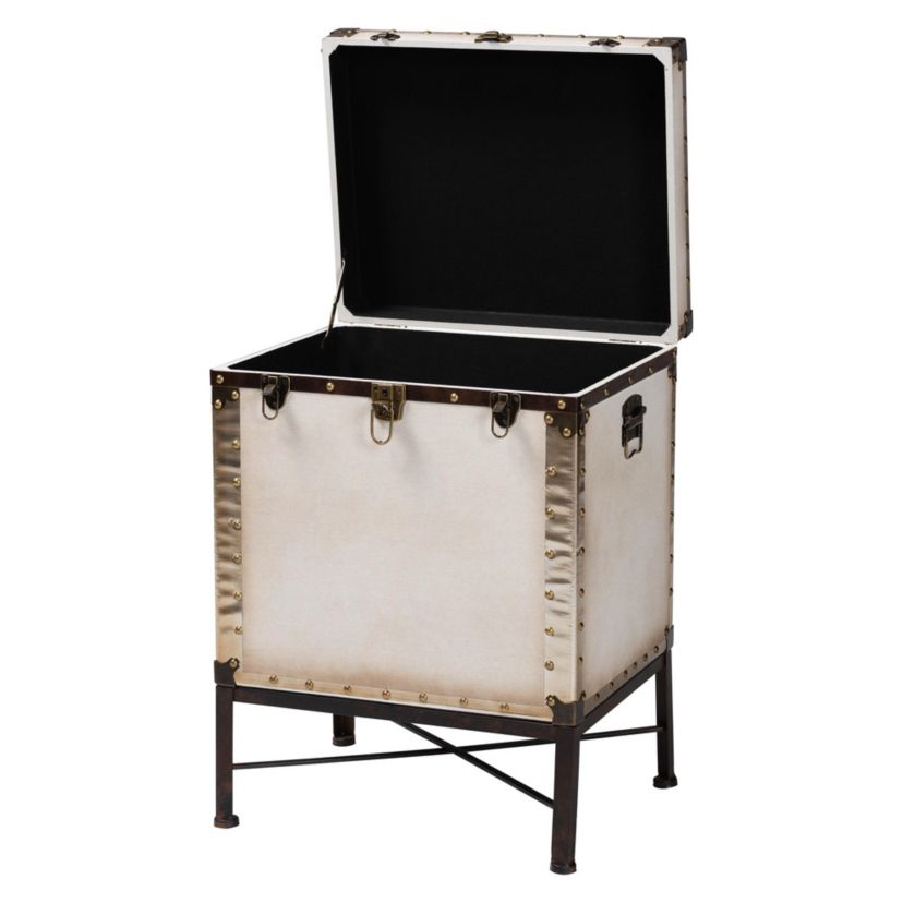 Laura Vintage White Canvas Lift-Top Trunk End Table