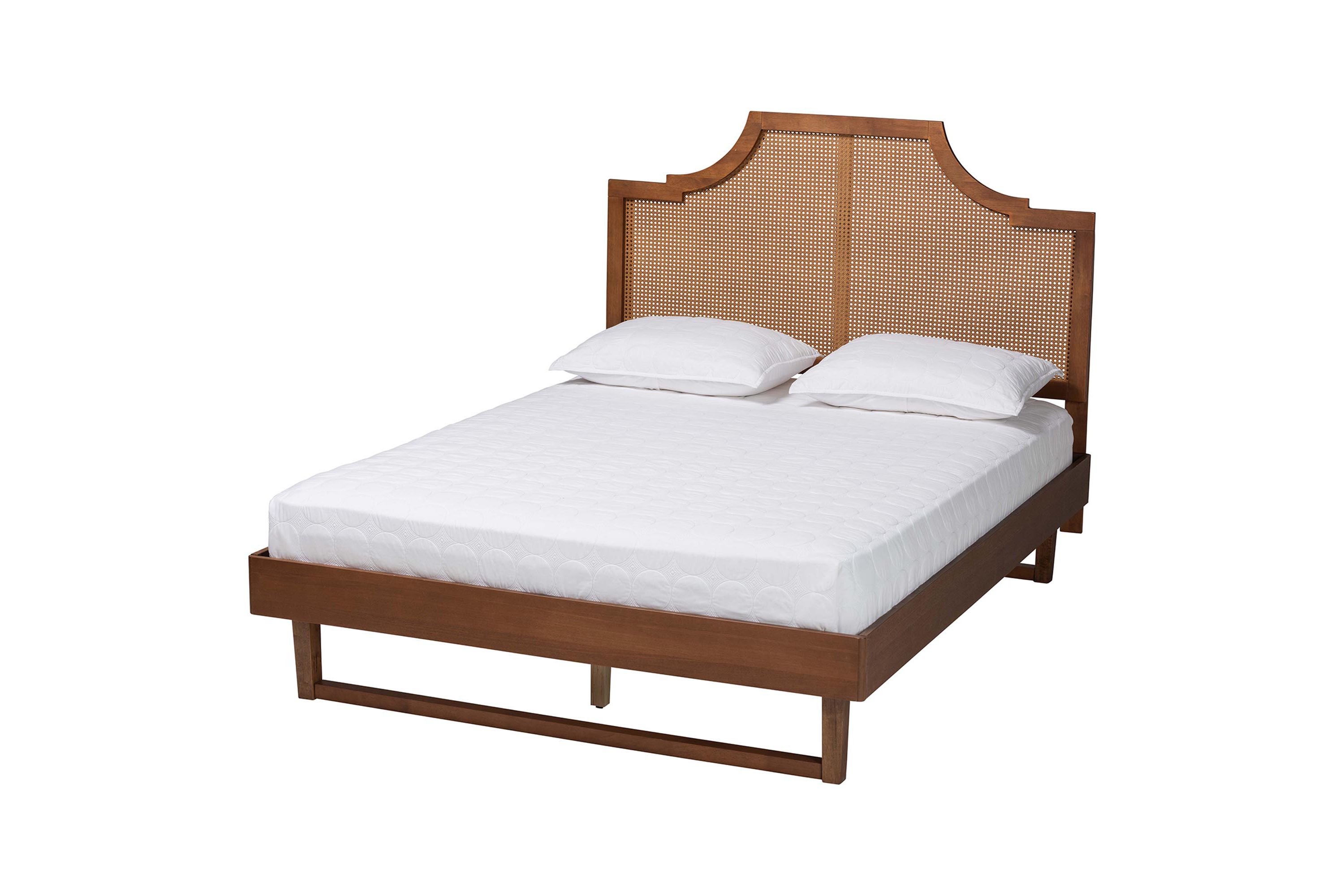 Francine Mid-Century Modern Ash Walnut Woven Rattan Queen Size Bed