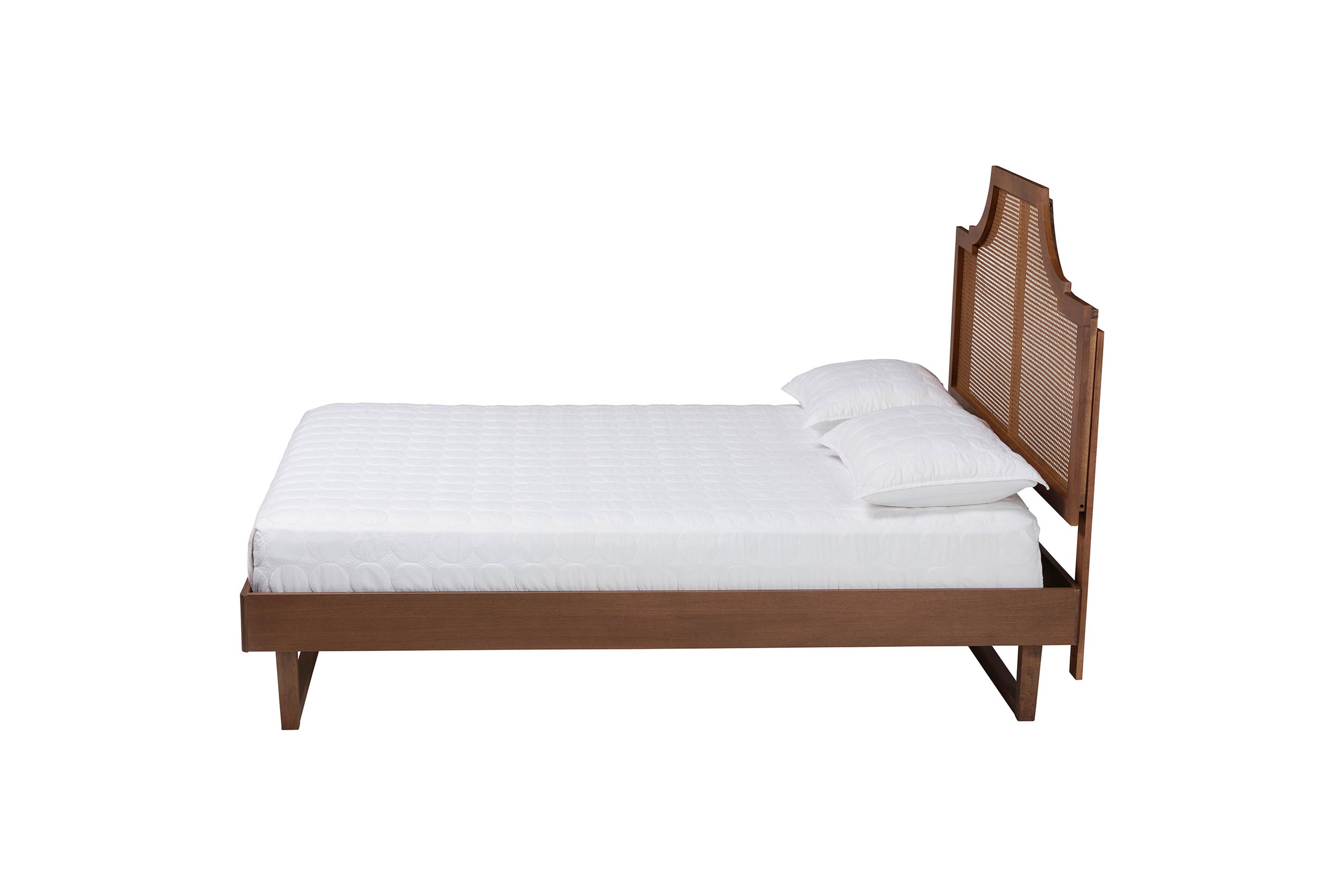 Francine Mid-Century Modern Ash Walnut Woven Rattan Queen Size Bed