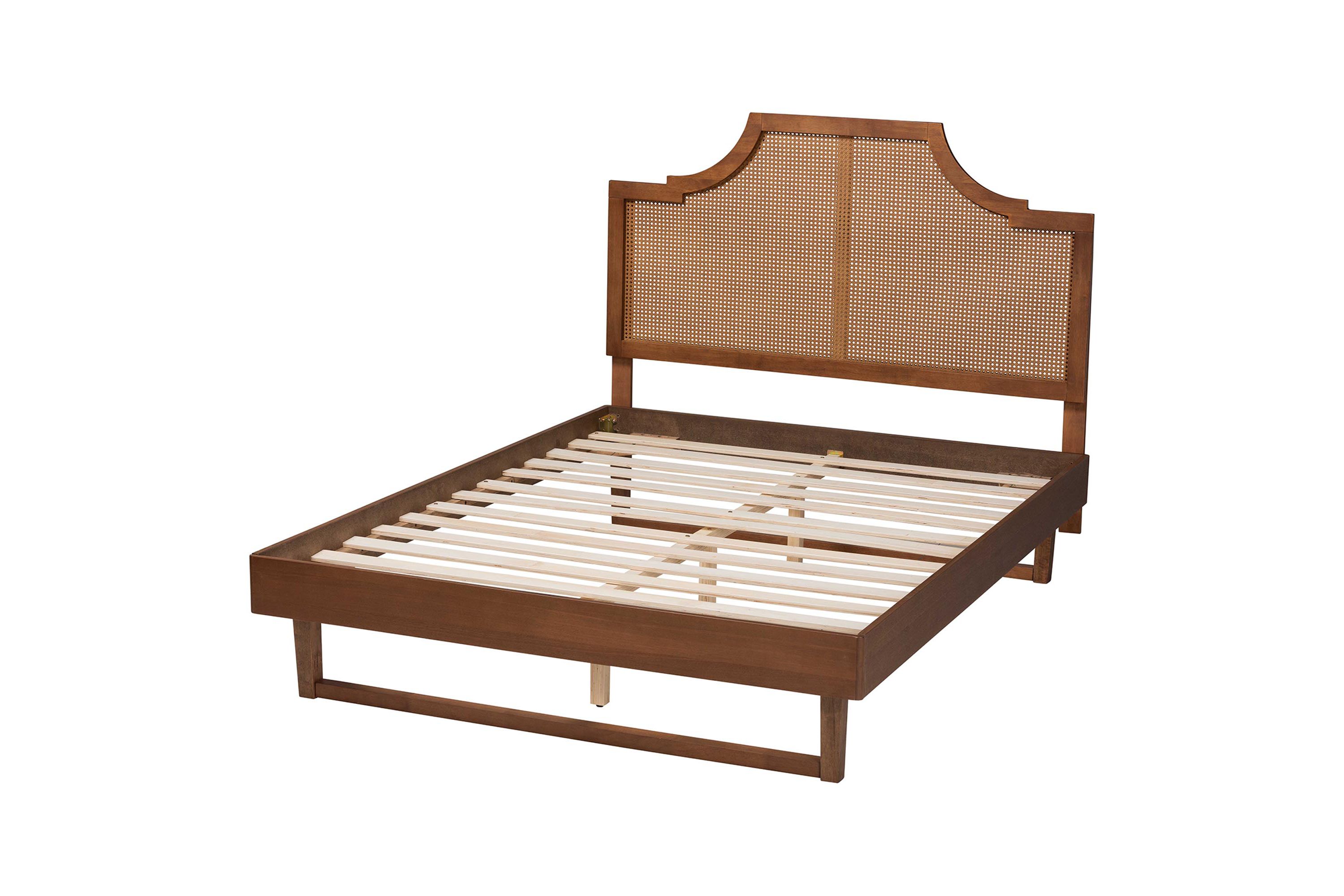 Francine Mid-Century Modern Ash Walnut Woven Rattan Queen Size Bed