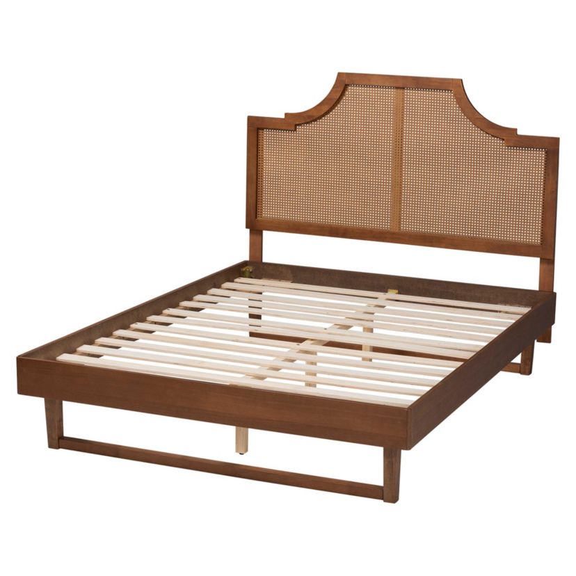 Francine Mid-Century Modern Ash Walnut Woven Rattan Queen Size Bed