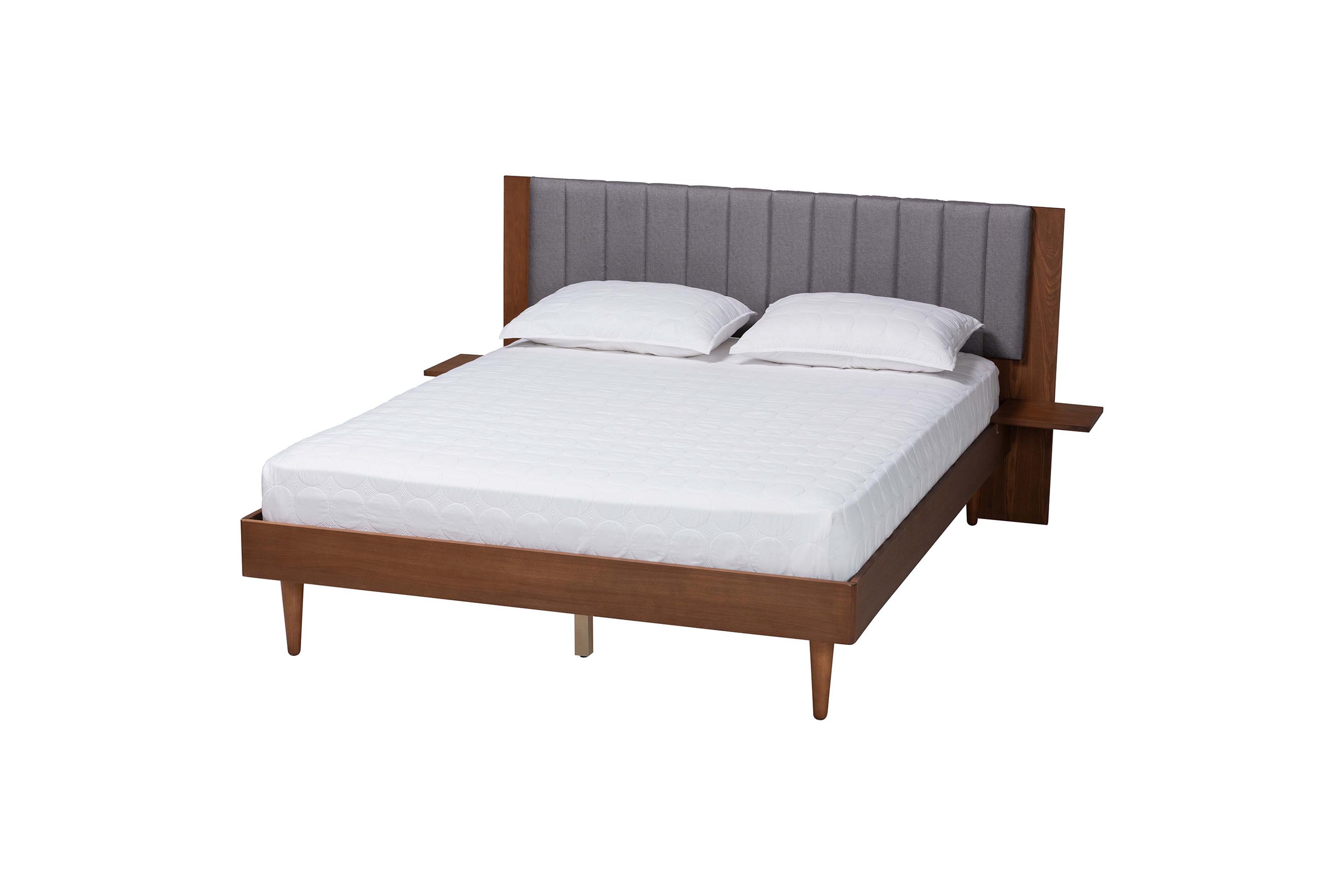Kalista Transitional Modern Grey Fabric and Walnut Brown Wood Queen Size Bed with Built-In Side Tables