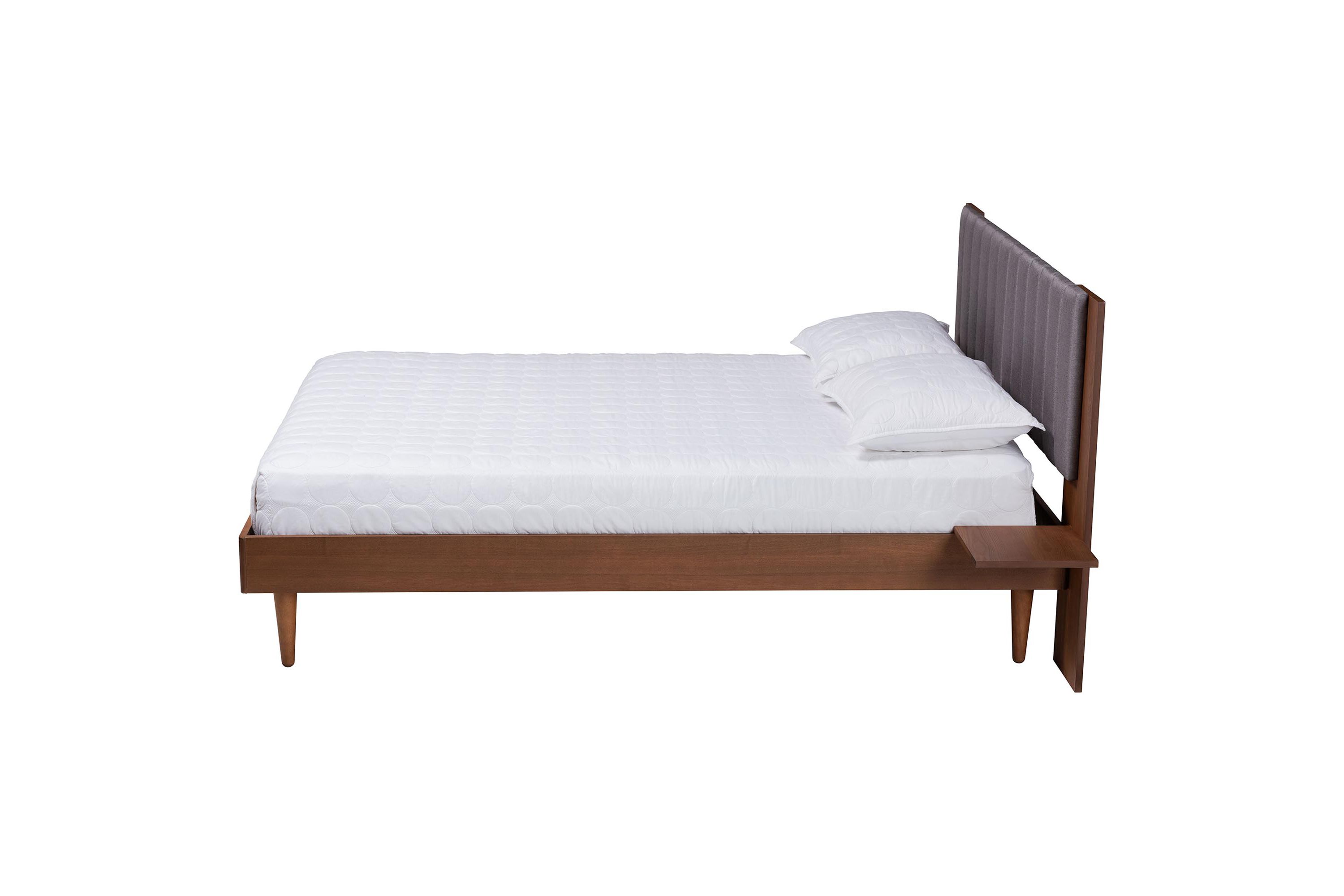 Kalista Transitional Modern Grey Fabric and Walnut Brown Wood Queen Size Bed with Built-In Side Tables