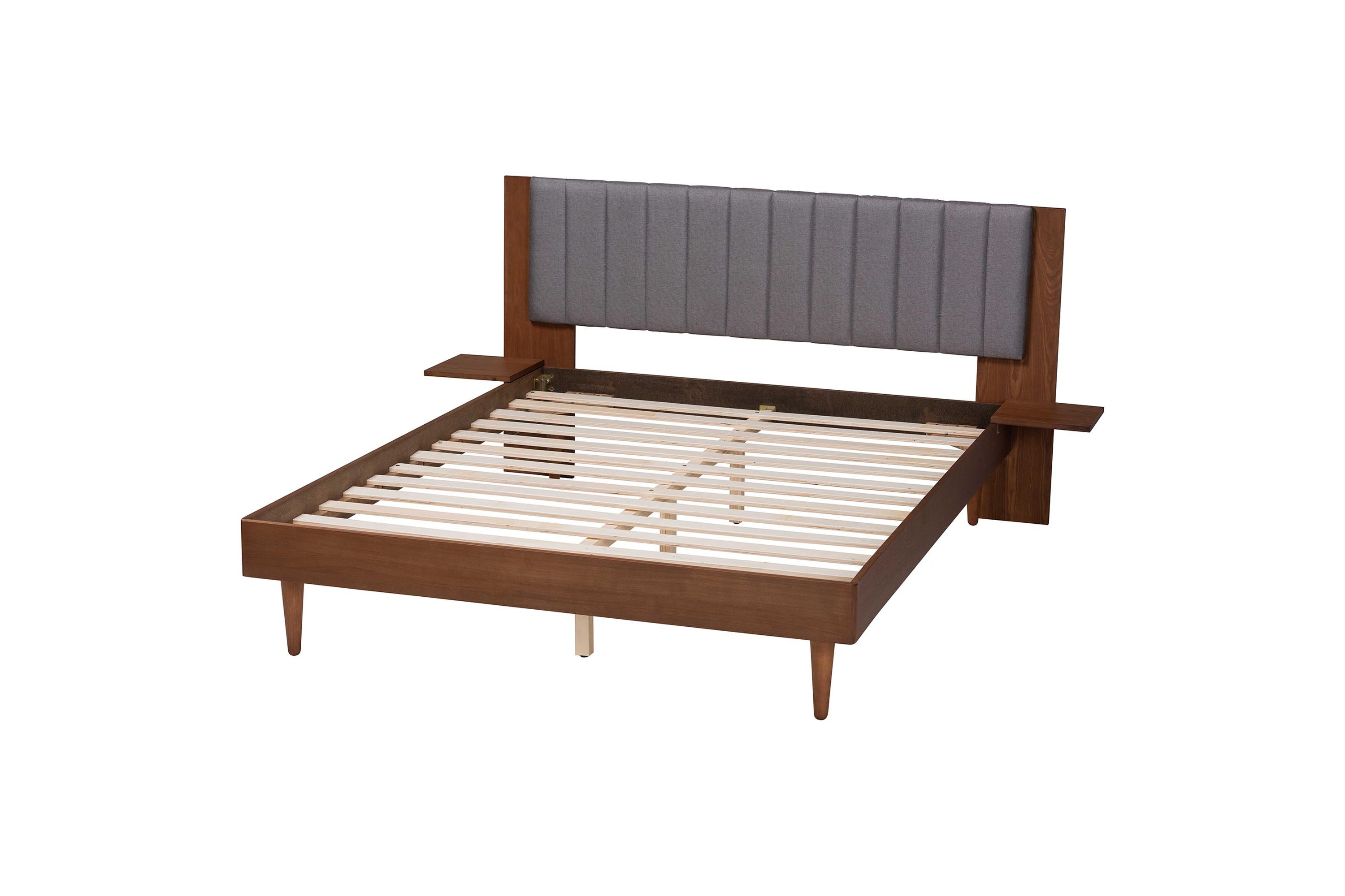 Kalista Transitional Modern Grey Fabric and Walnut Brown Wood Queen Size Bed with Built-In Side Tables