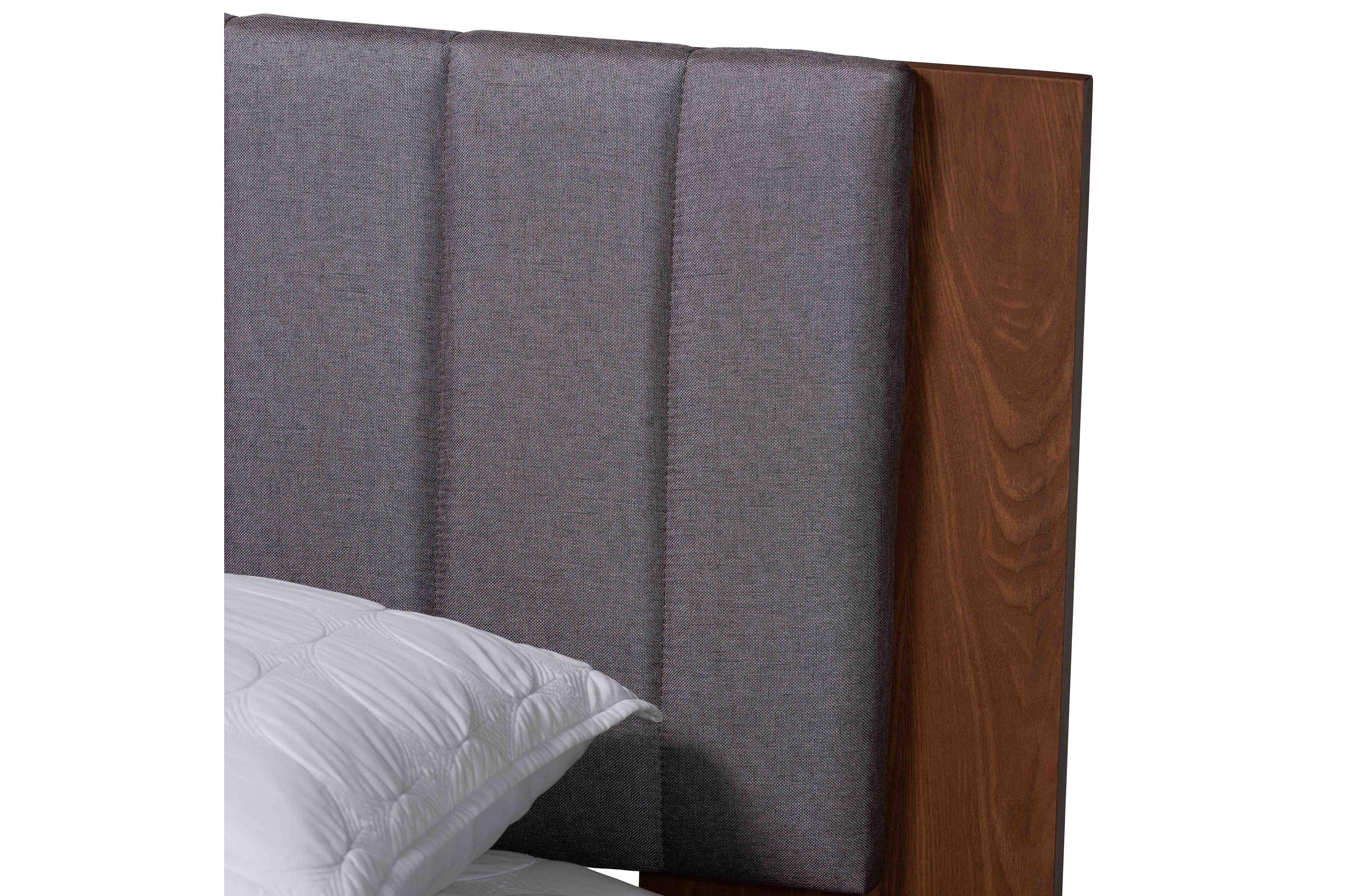 Kalista Transitional Modern Grey Fabric and Walnut Brown Wood Queen Size Bed with Built-In Side Tables