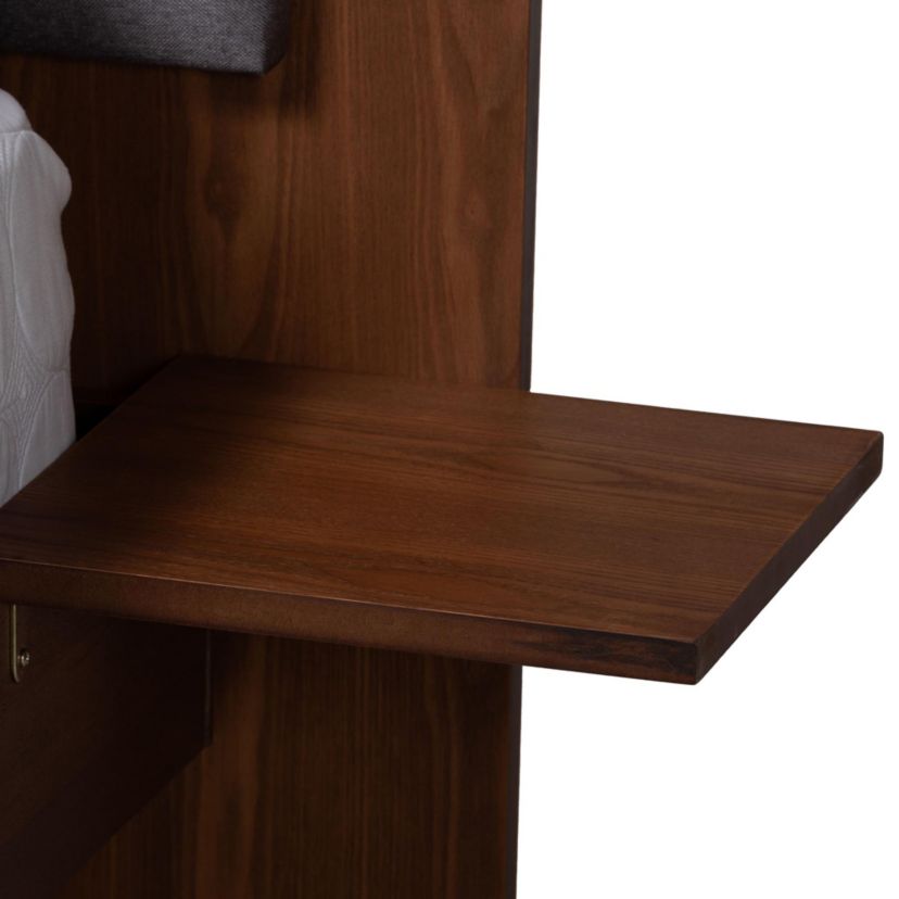 Kalista Transitional Modern Grey Fabric and Walnut Brown Wood Queen Size Bed with Built-In Side Tables