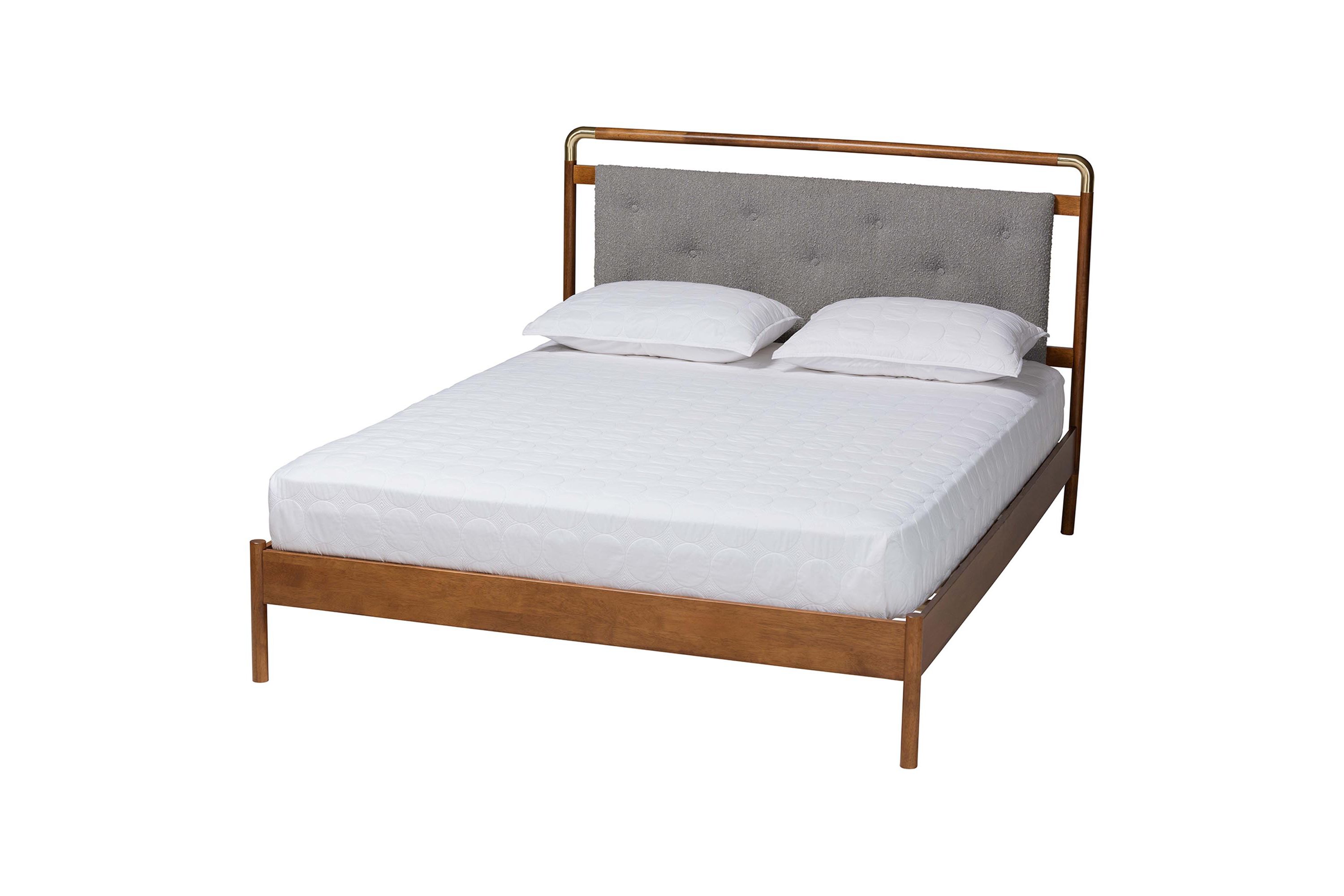 Edwina Mid-Century Light Grey Boucle Fabric and Walnut Brown Wood Queen Size Platform Bed